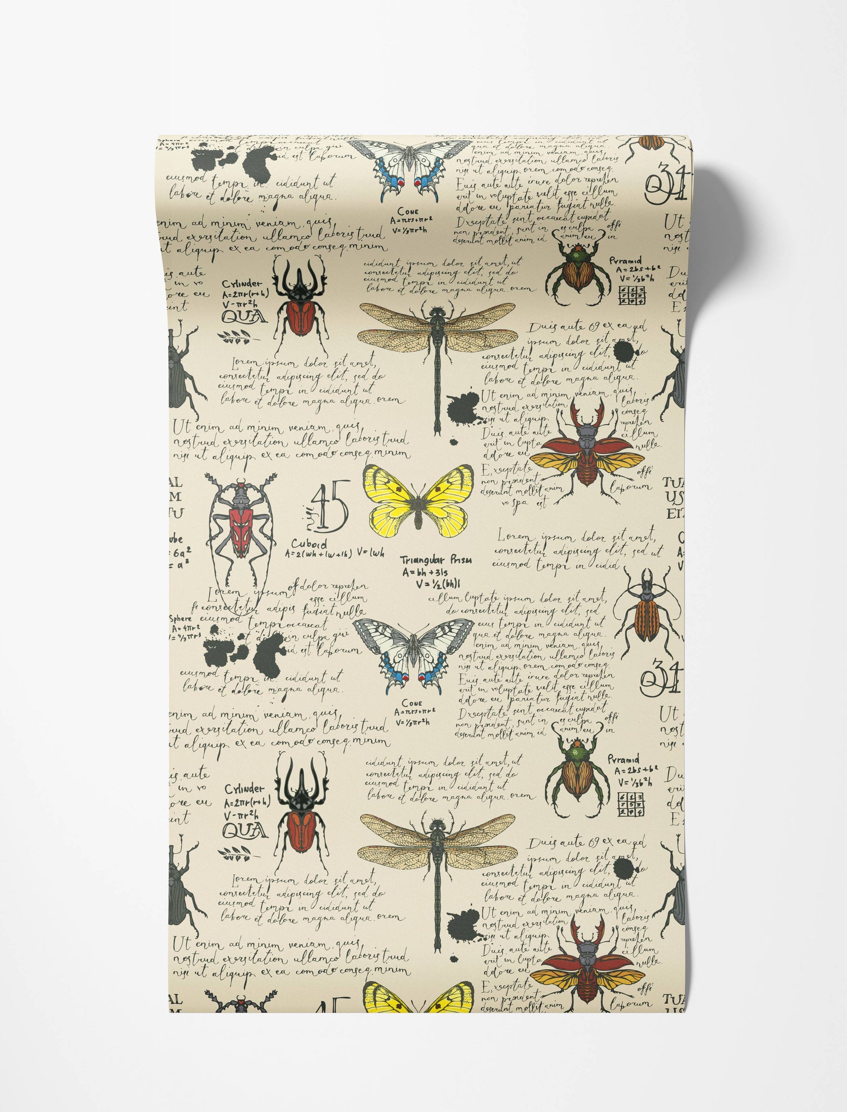 Vintage wallpaper with scientific illustrations of insects, butterflies, and handwritten notes on a cream background.