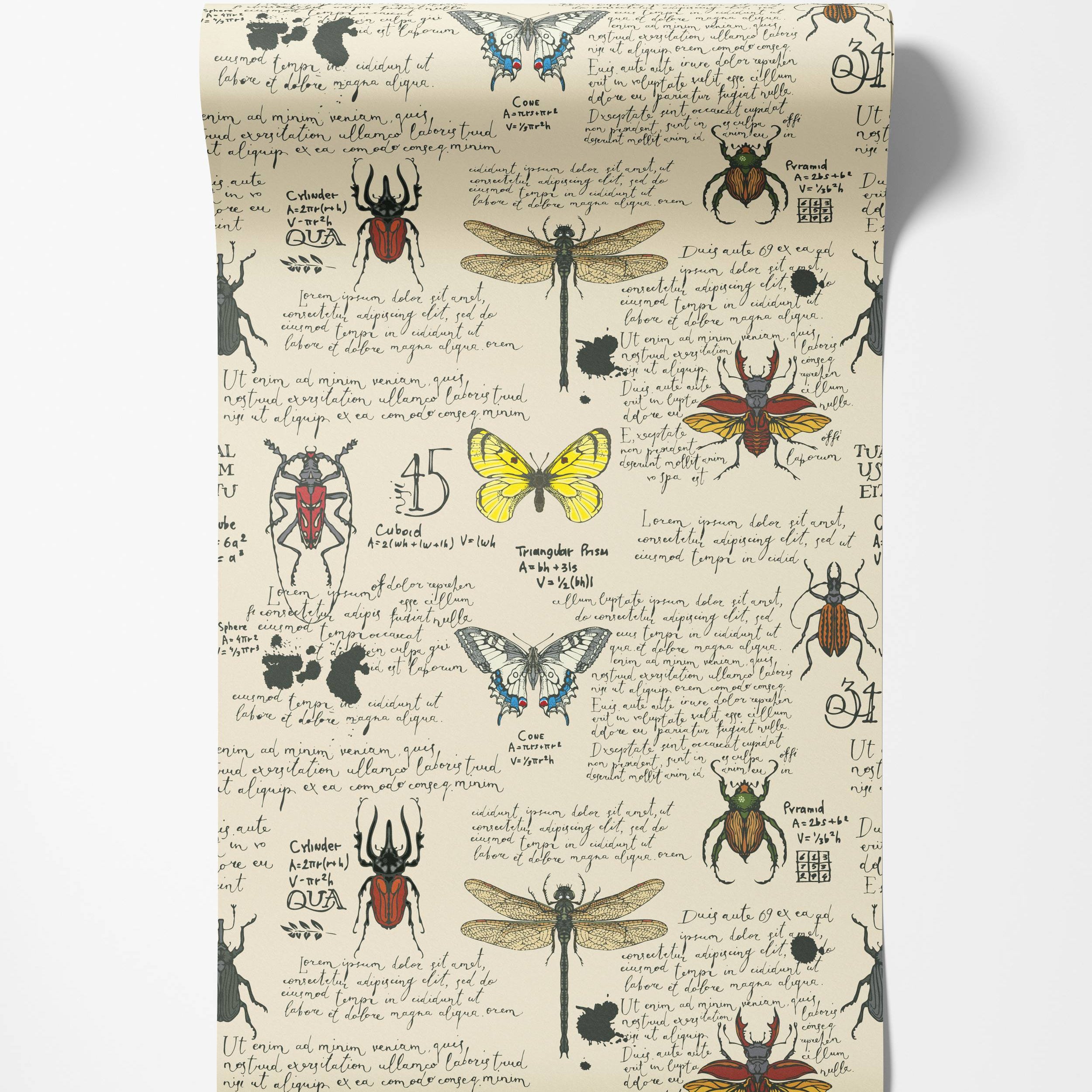Vintage wallpaper with scientific illustrations of insects, butterflies, and handwritten notes on a cream background.