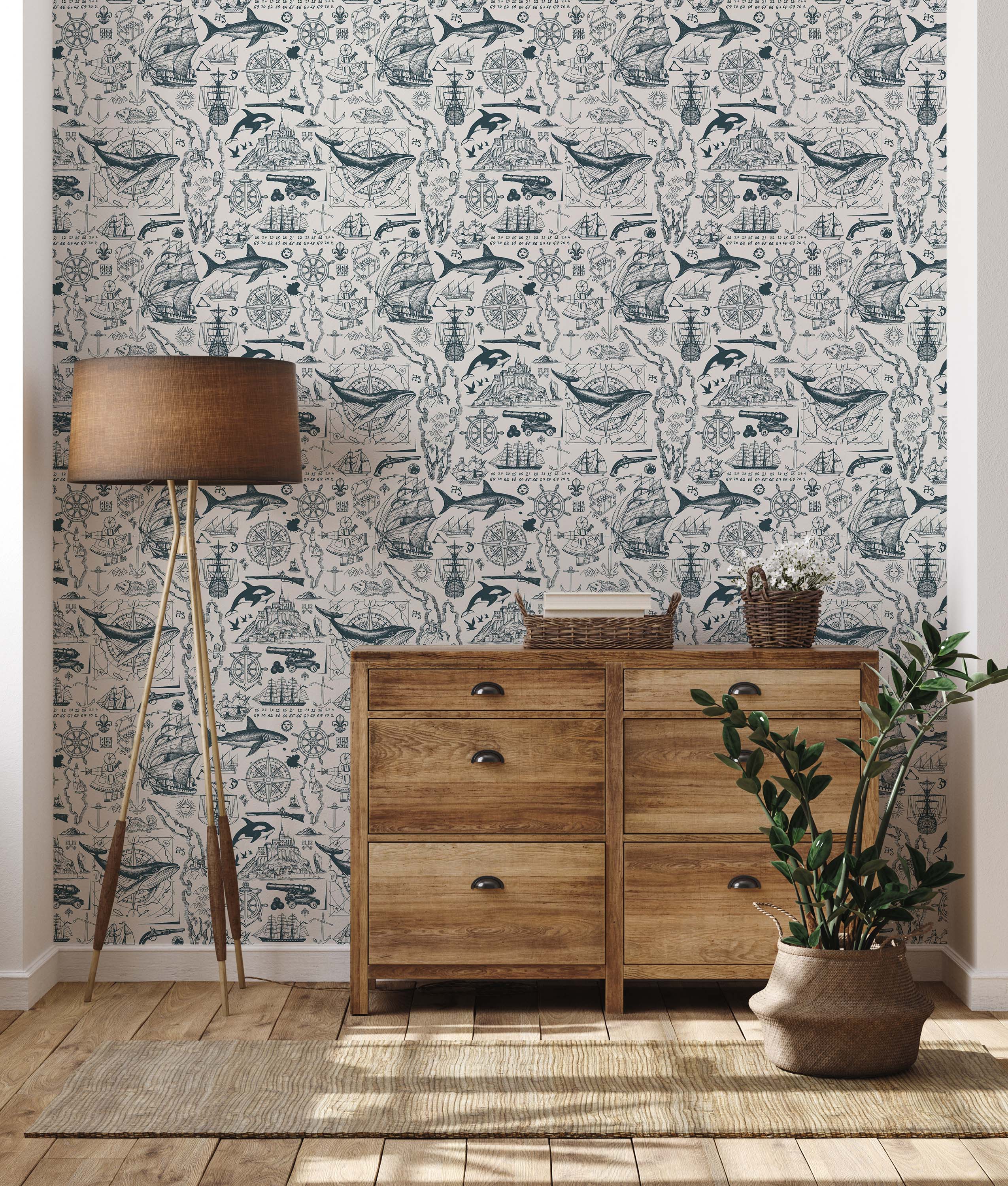 Vintage nautical sketch wallpaper in teal and cream, with a repeating pattern of ships, sea creatures, and map elements.
