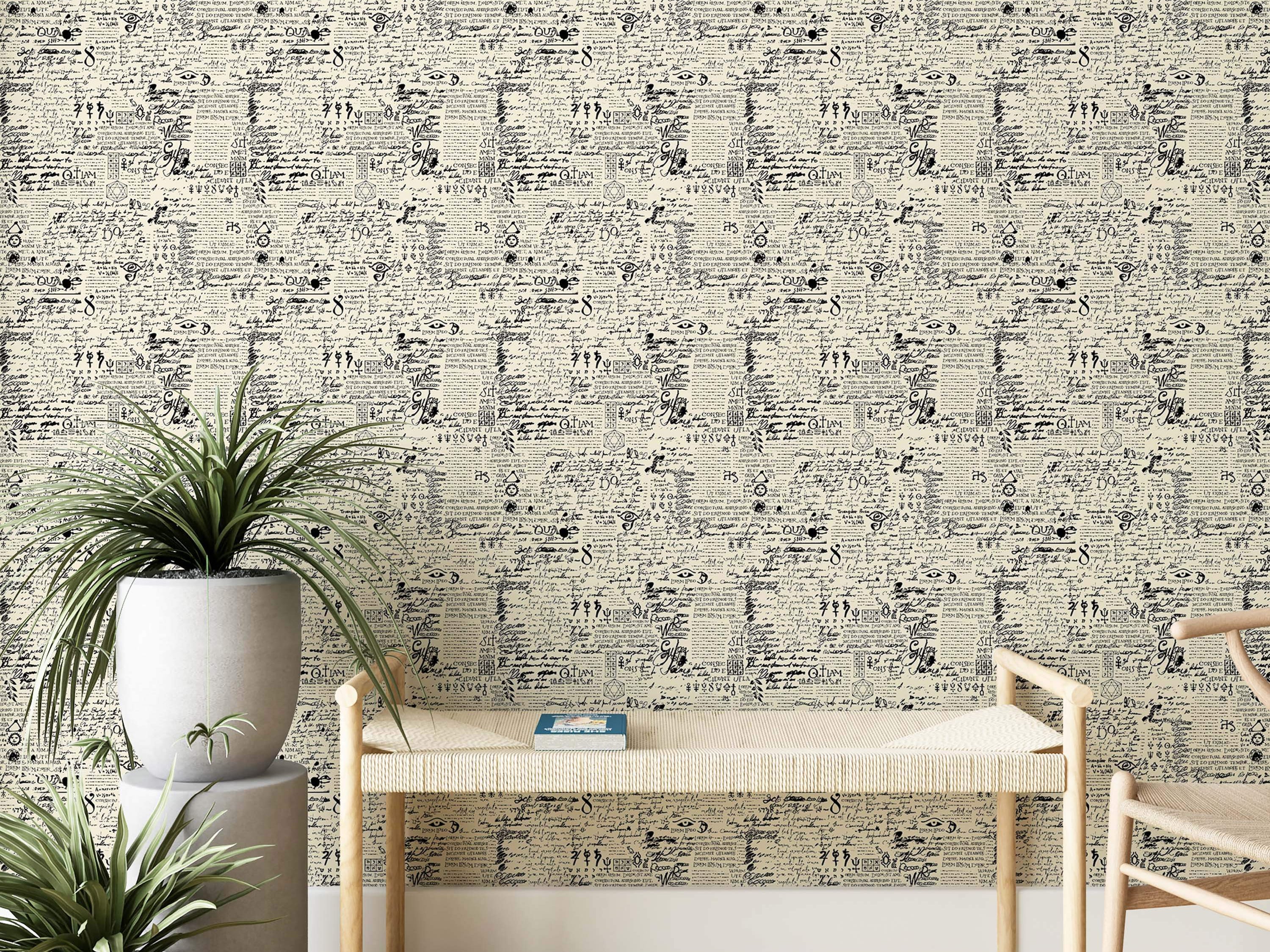 Beige wallpaper with a repeating vintage design of black handwritten script, occult symbols, and text fragments.