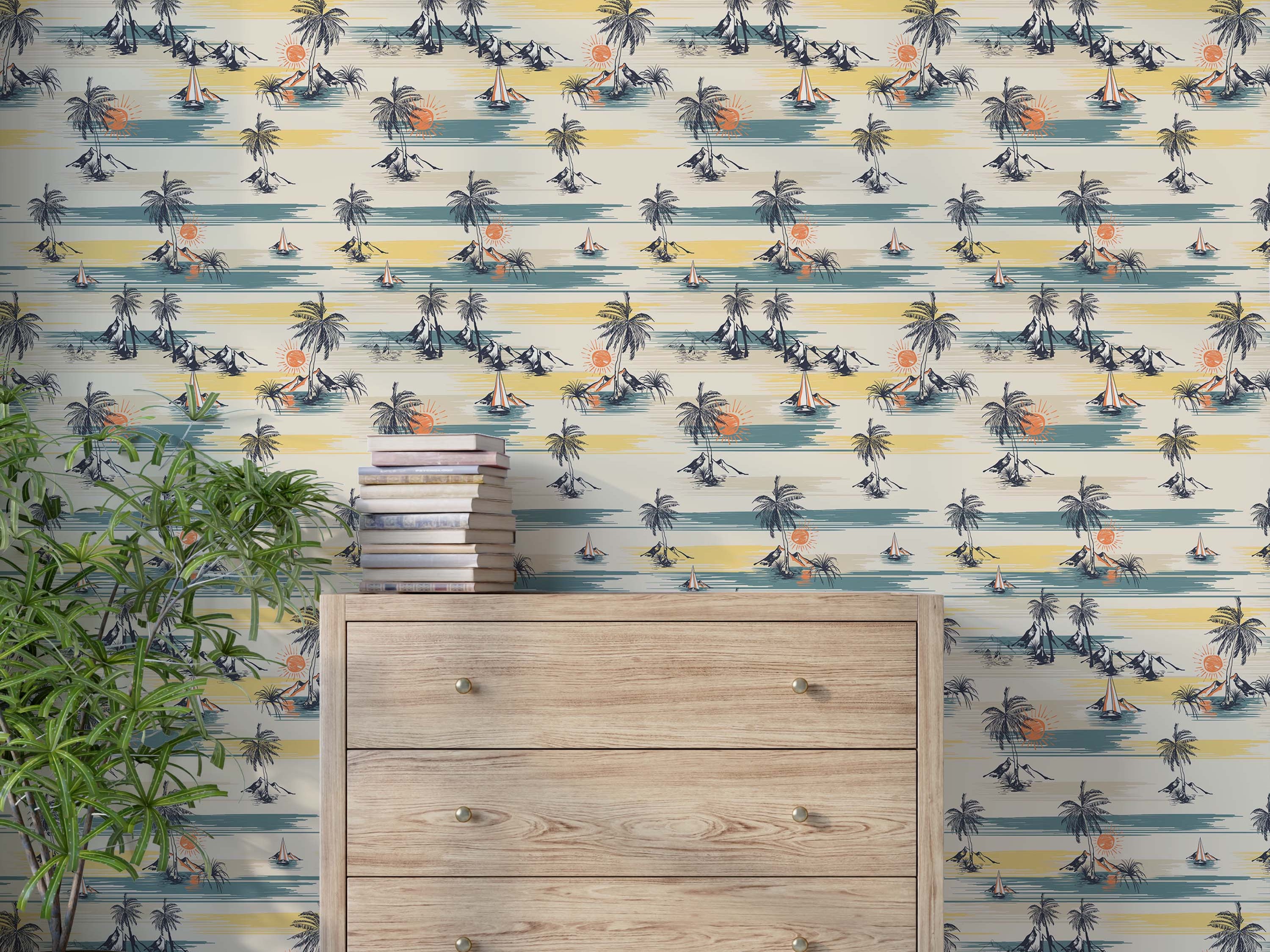 Retro tropical wallpaper with illustrated palm trees, mountains, and sailboats in a color palette of teal, yellow, and orange.
