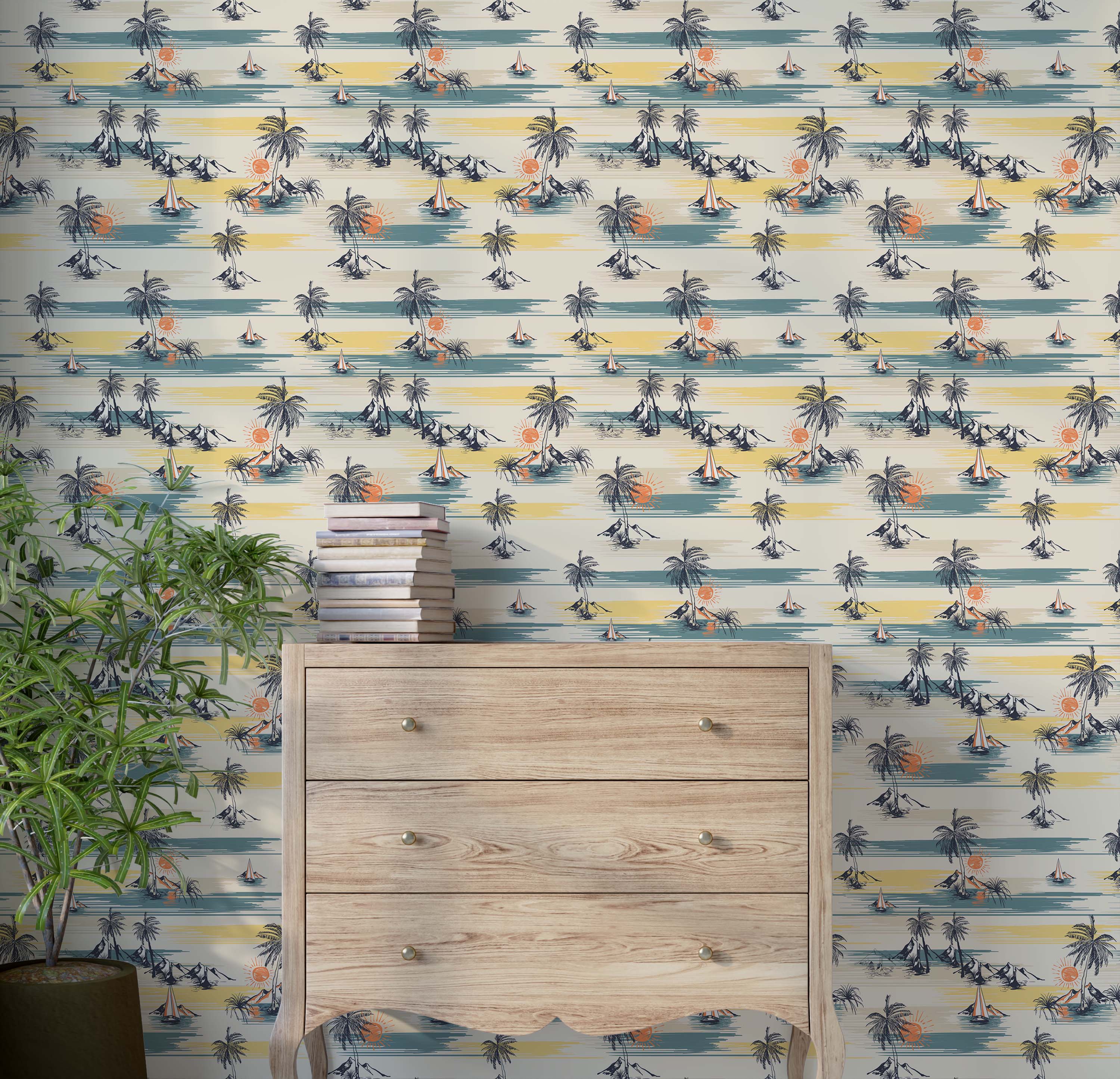 Retro tropical wallpaper with illustrated palm trees, mountains, and sailboats in a color palette of teal, yellow, and orange.