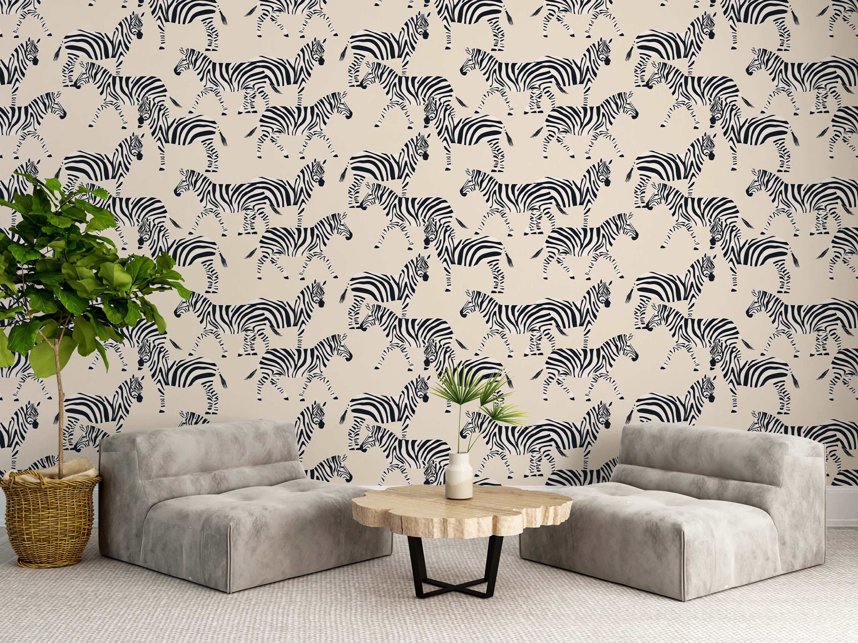 Wallpaper with a repeating pattern of stylized black zebras walking on a cream background.