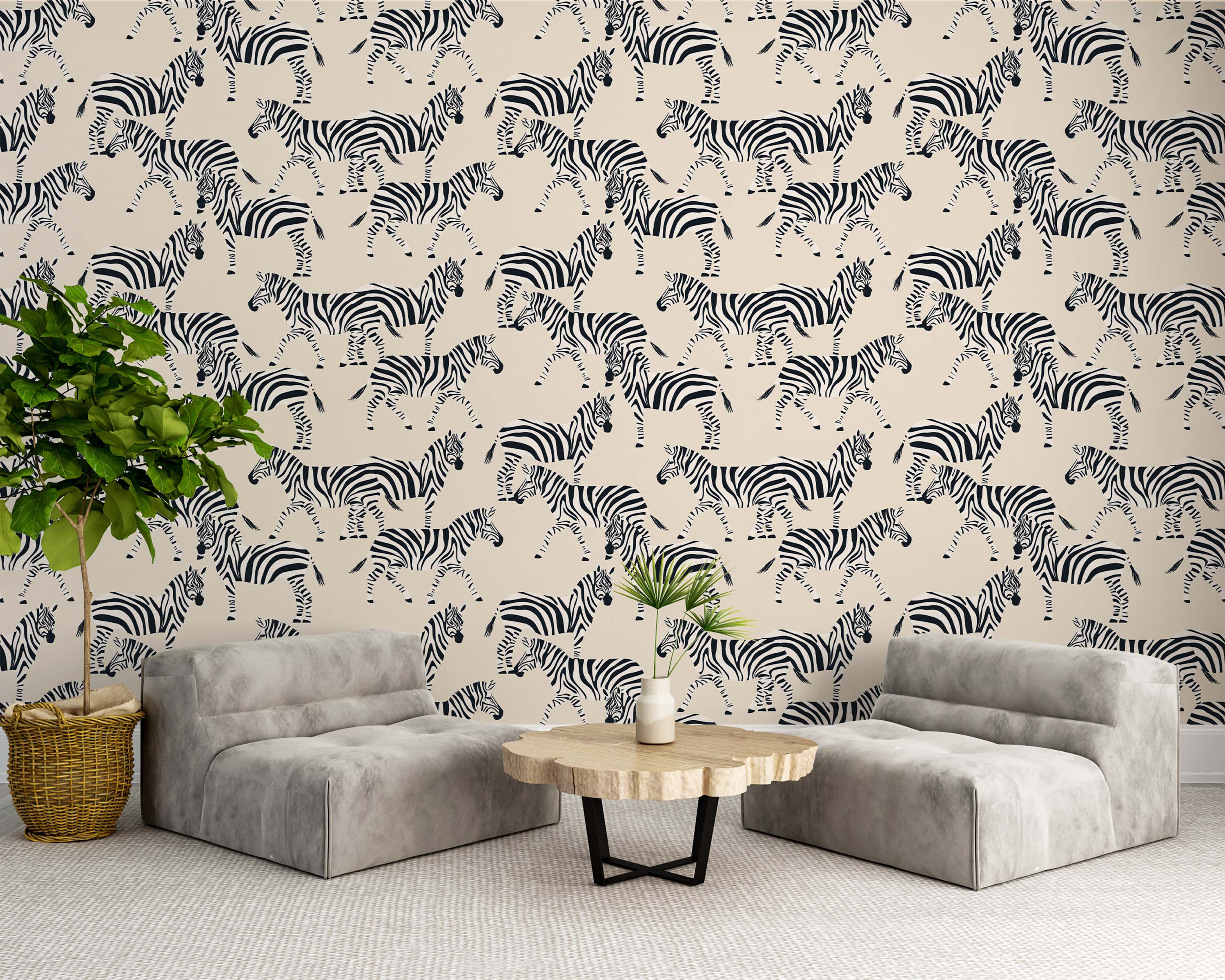 Wallpaper with a repeating pattern of stylized black zebras walking on a cream background.