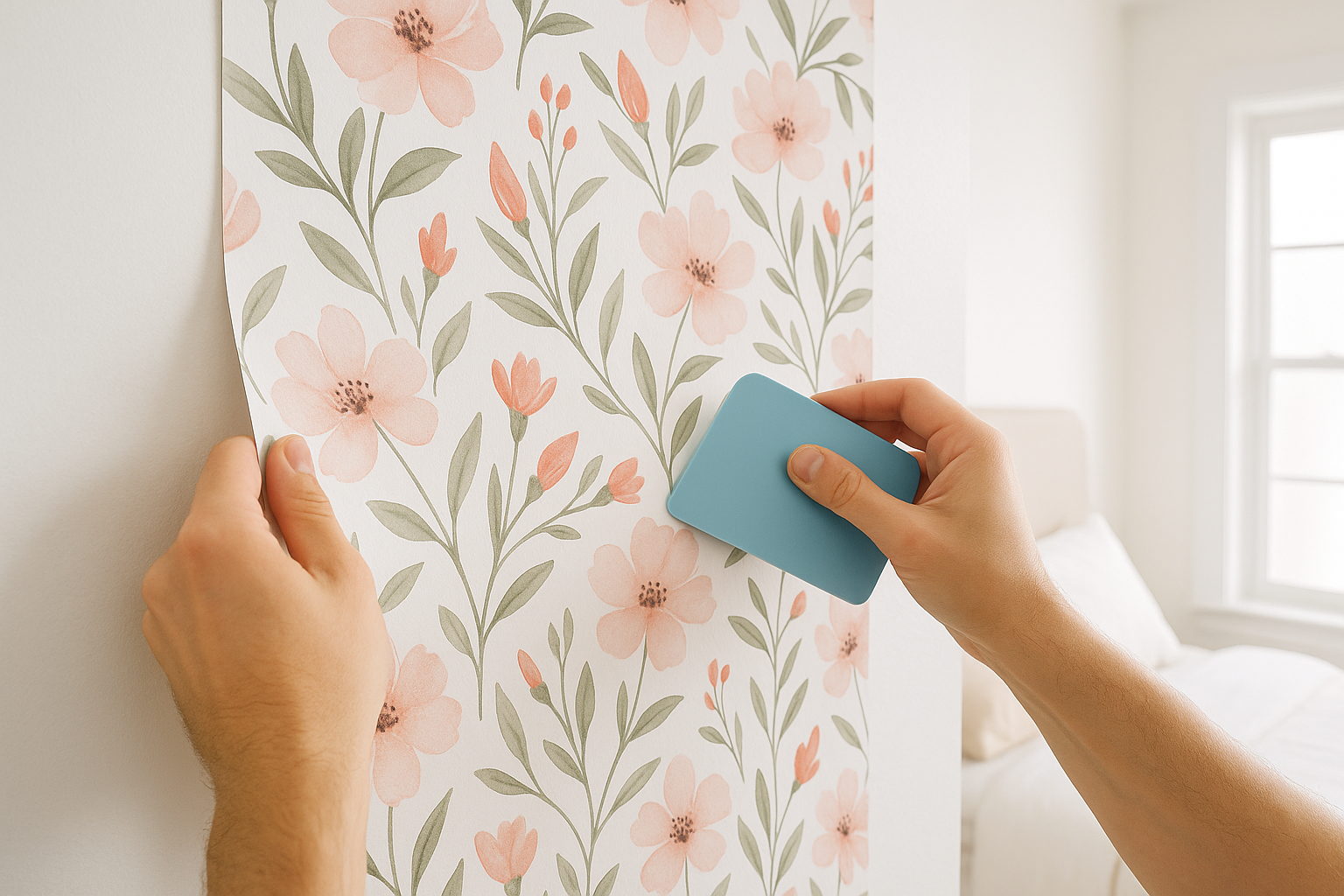 Person applying floral wallpaper to a wall with a blue tool.