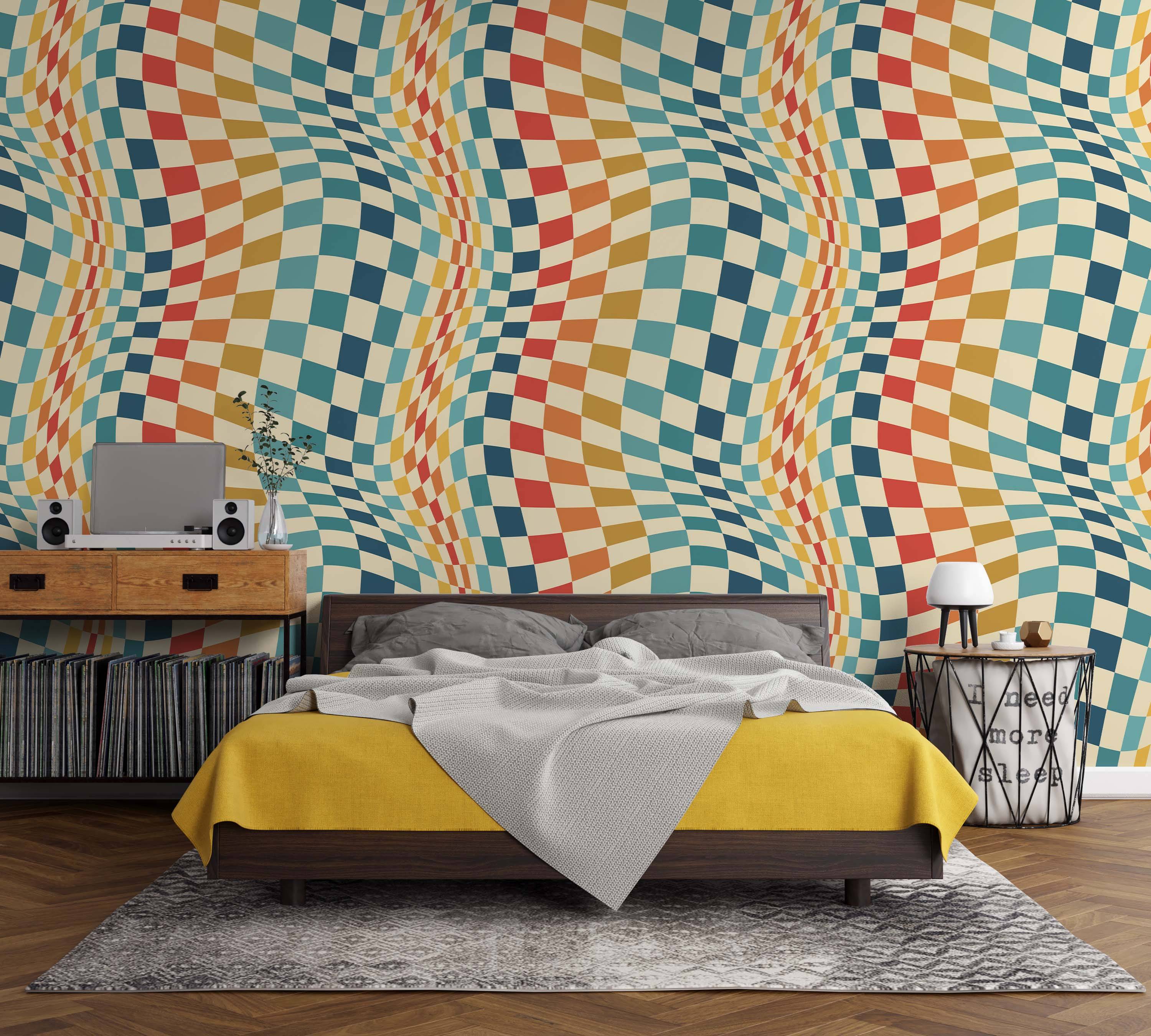 Warped checkerboard wallpaper featuring a retro color palette of beige, blue, yellow, red, and orange squares.