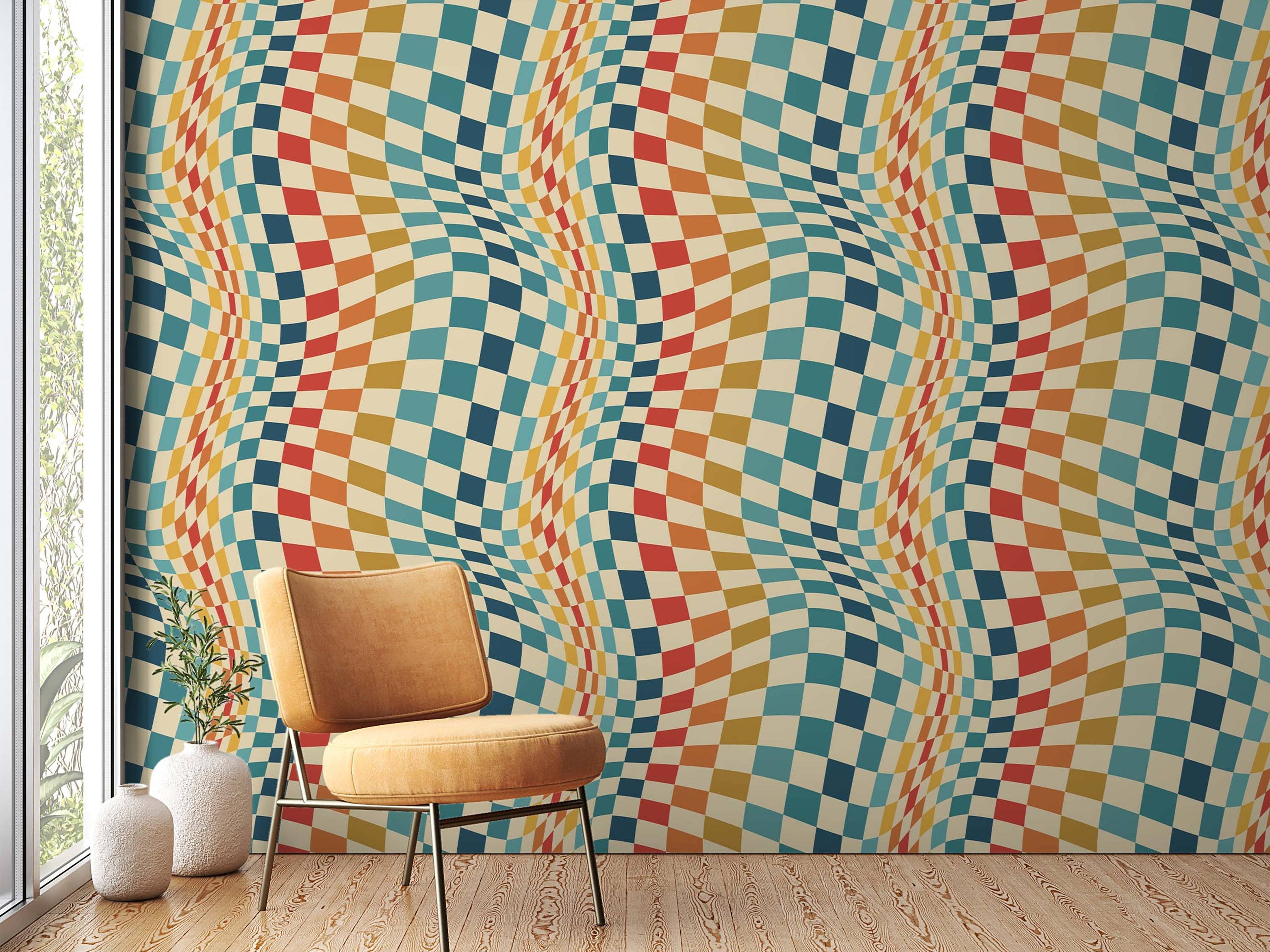 Warped checkerboard wallpaper with an optical illusion wave effect in beige, teal, blue, yellow, orange, and red squares.