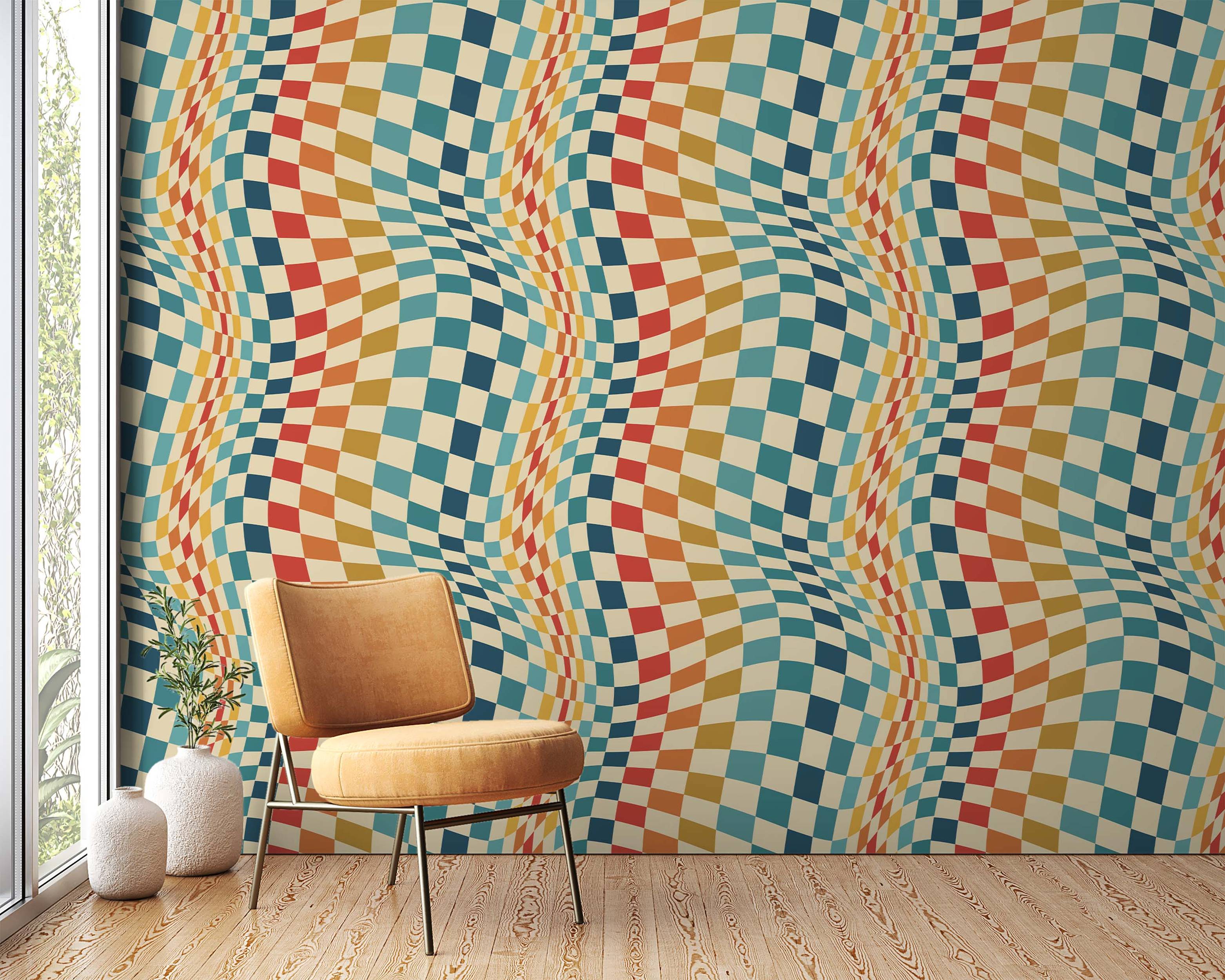 Warped checkerboard wallpaper with an optical illusion wave effect in beige, teal, blue, yellow, orange, and red squares.