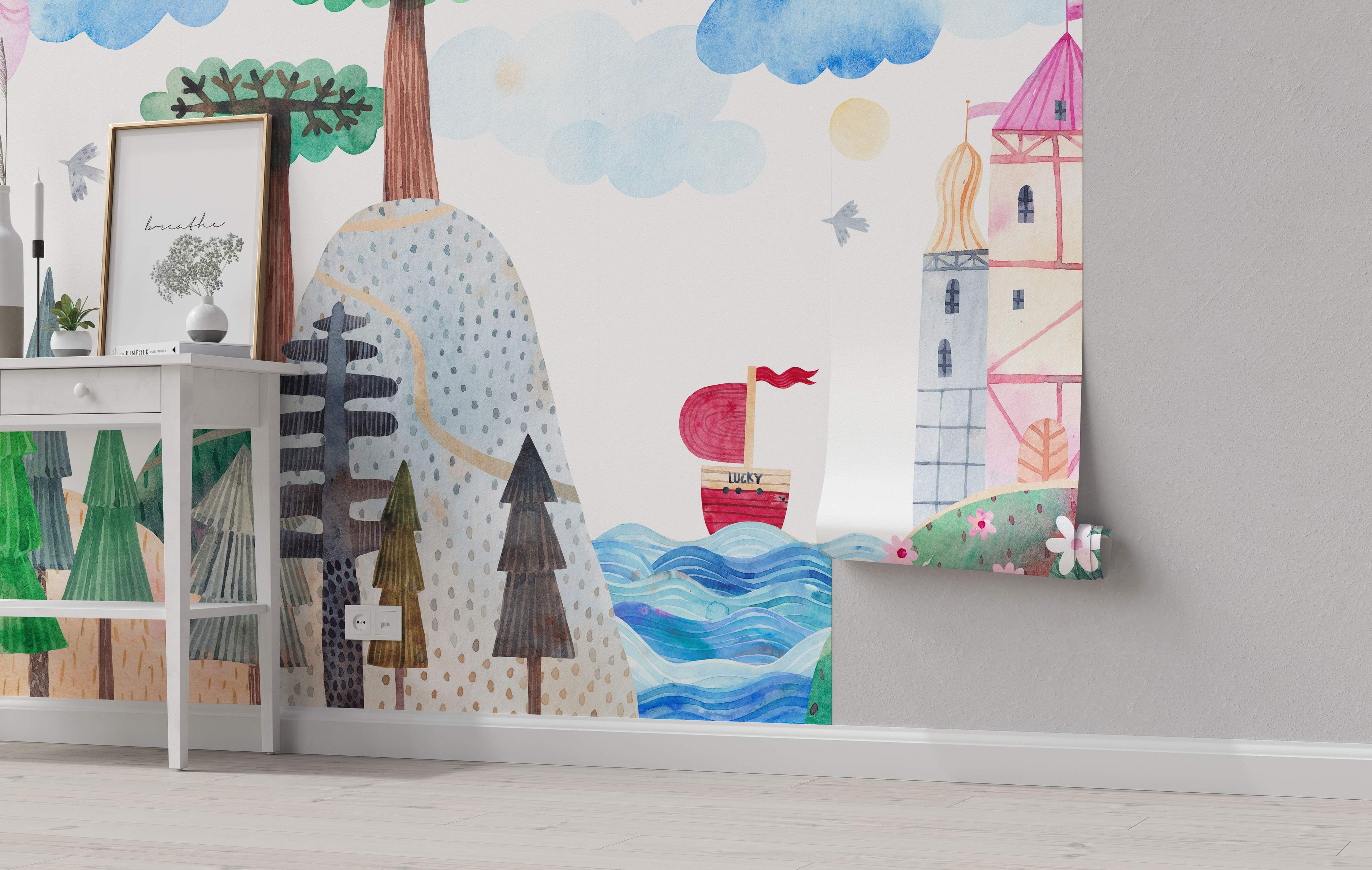 Whimsical watercolor mural featuring a castle, red boat on blue water, trees on hills, and clouds. Painted style.