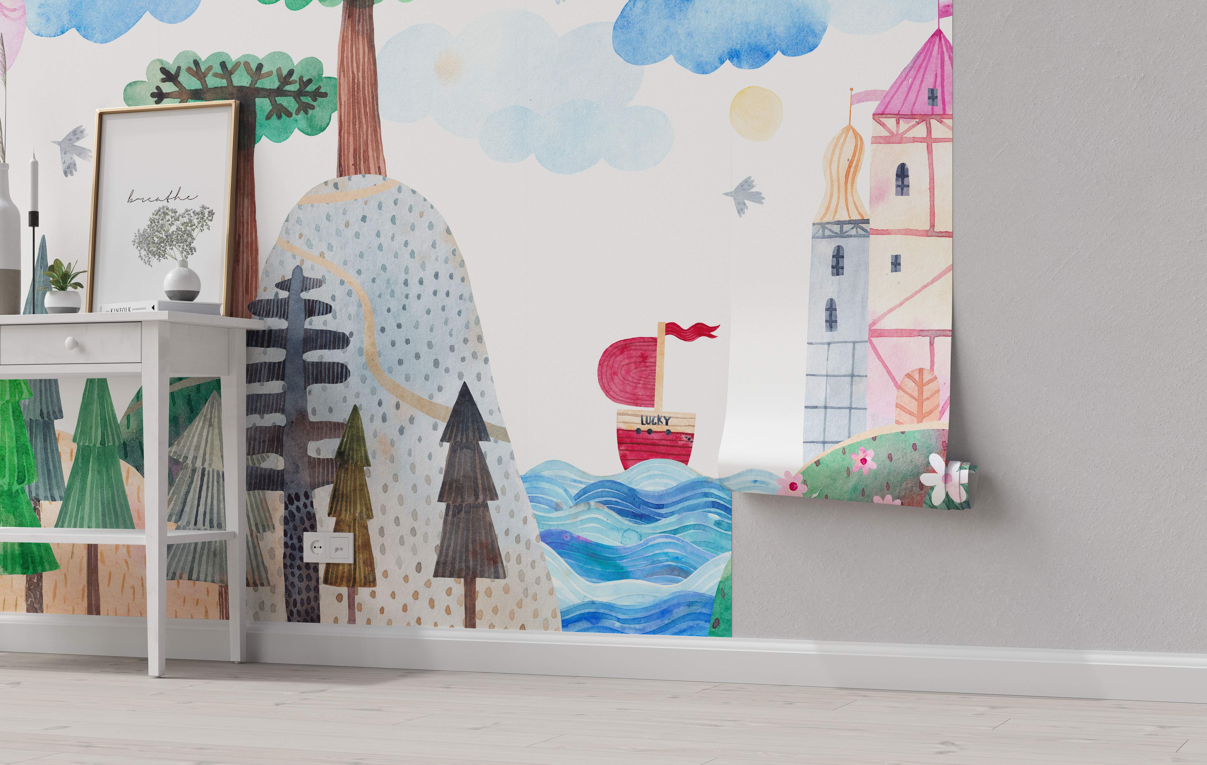 Whimsical watercolor mural featuring a castle, red boat on blue water, trees on hills, and clouds. Painted style.