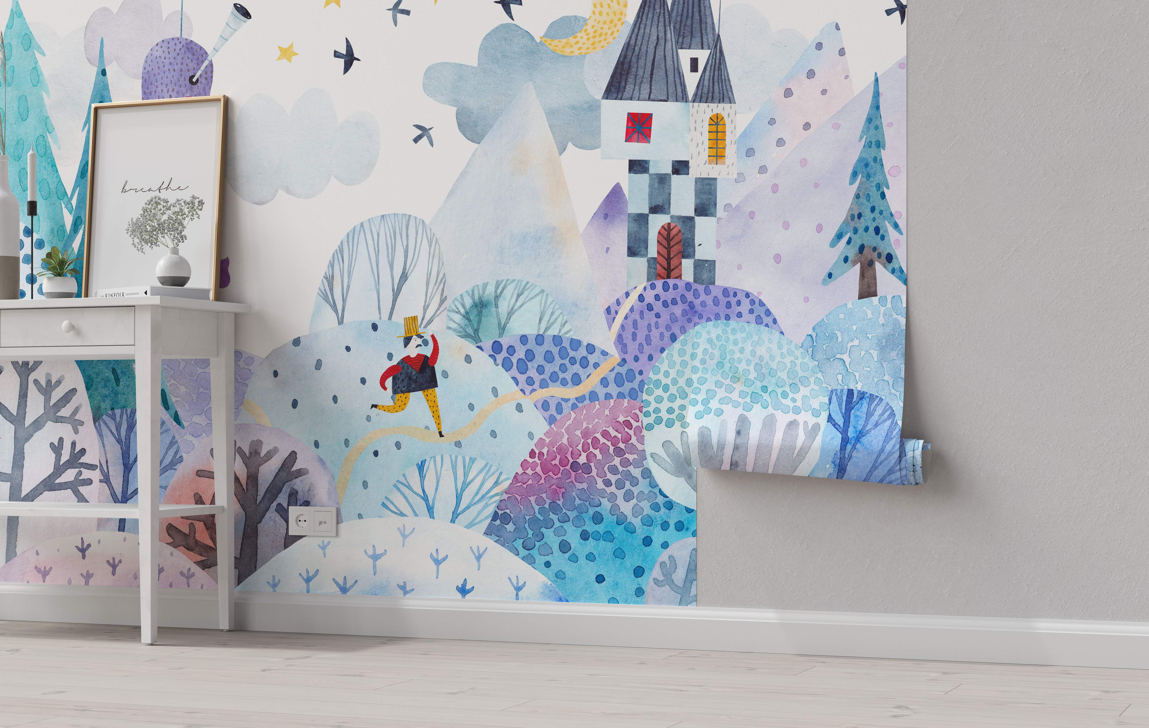 Watercolor fantasy mural showing a castle on blue and purple hills with stylized trees, clouds, and a walking character.