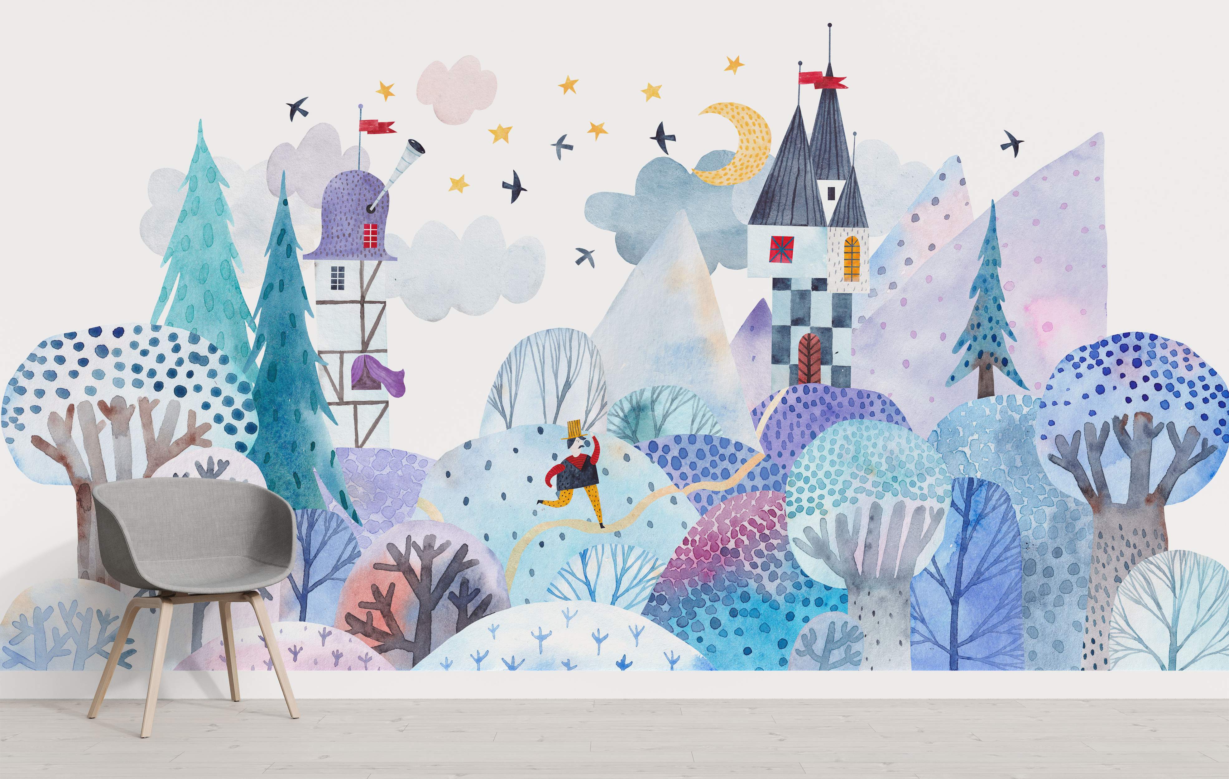 Whimsical watercolor landscape mural featuring stylized castles, trees, and hills in cool blues, purples, and teals.