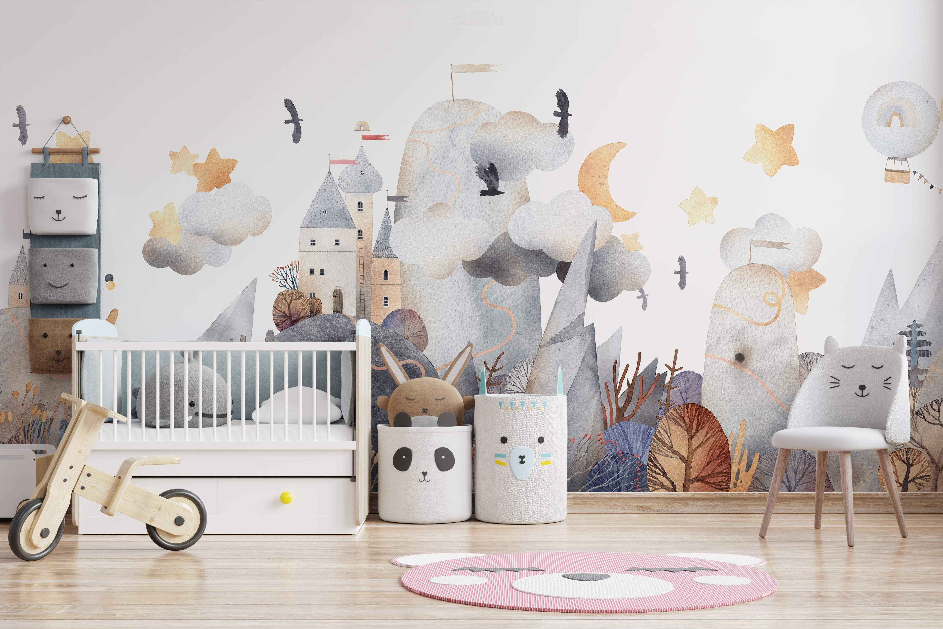 Watercolor mural depicting a whimsical landscape with a castle, mountains, clouds, stars, and birds in soft gray, blue, and brown tones.