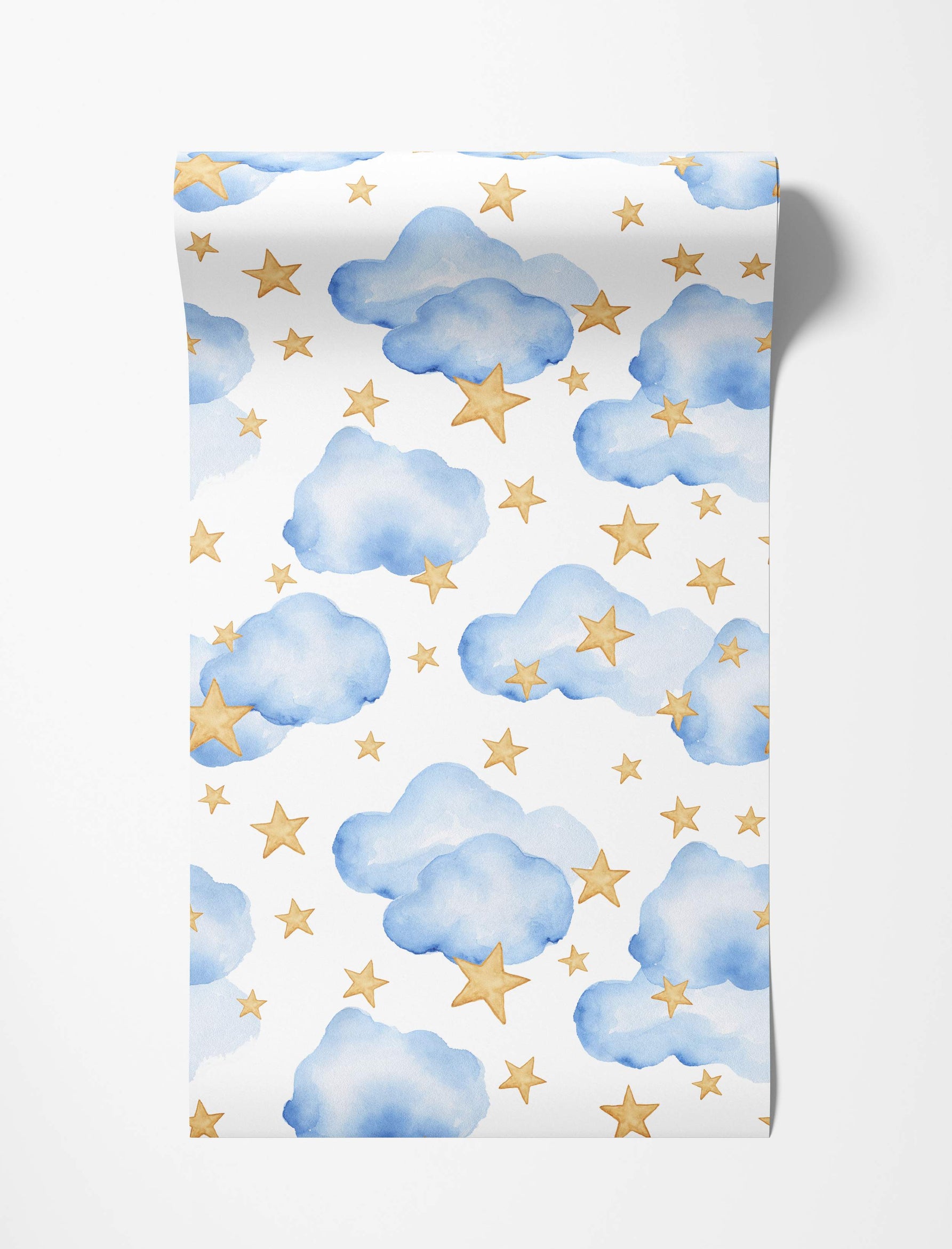 Watercolor wallpaper featuring soft blue clouds and golden yellow stars scattered across a white background.