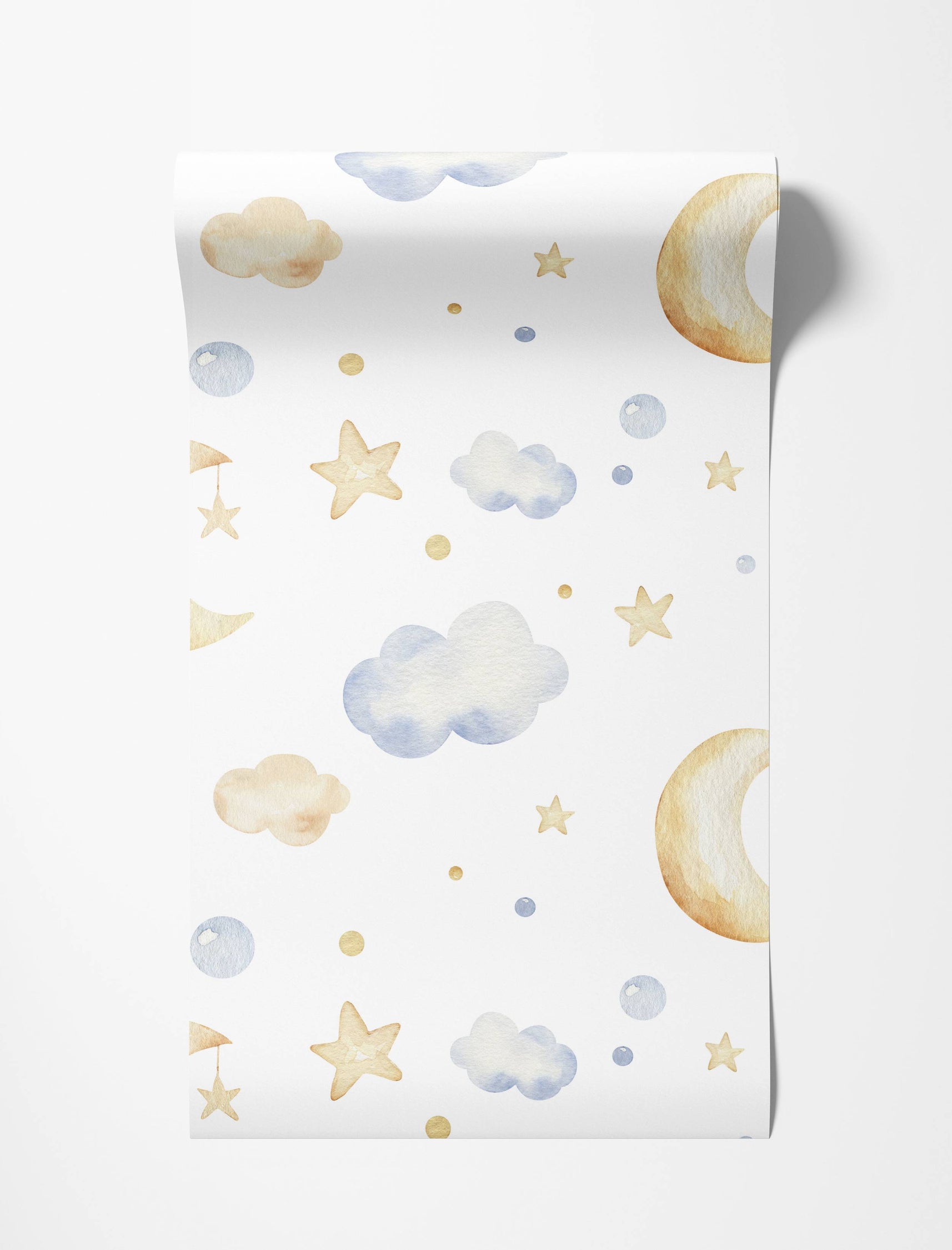 Wallpaper with a watercolor pattern of light blue and beige clouds, yellow stars, yellow crescent moons, and small blue and yellow dots.