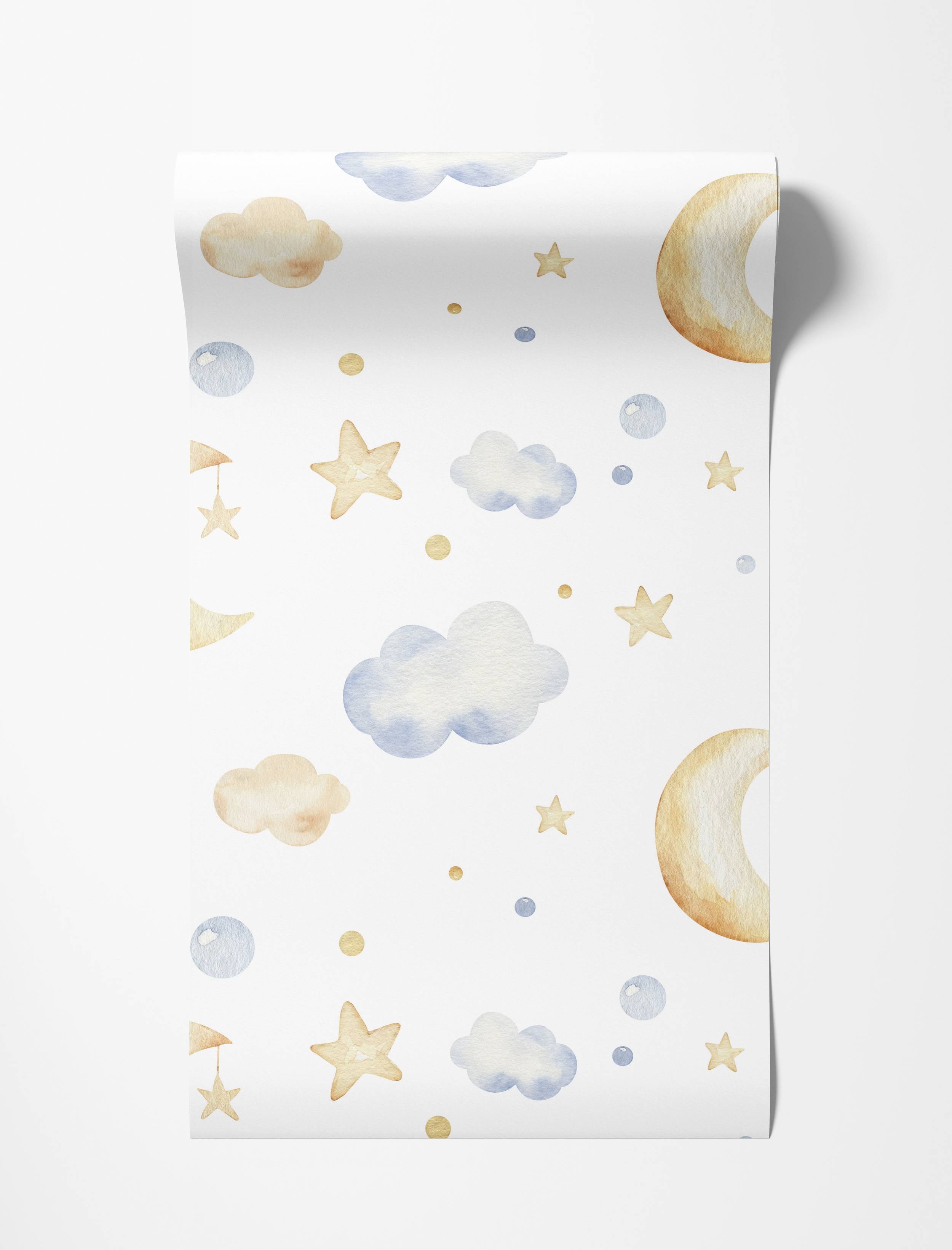 Wallpaper with a watercolor pattern of light blue and beige clouds, yellow stars, yellow crescent moons, and small blue and yellow dots.