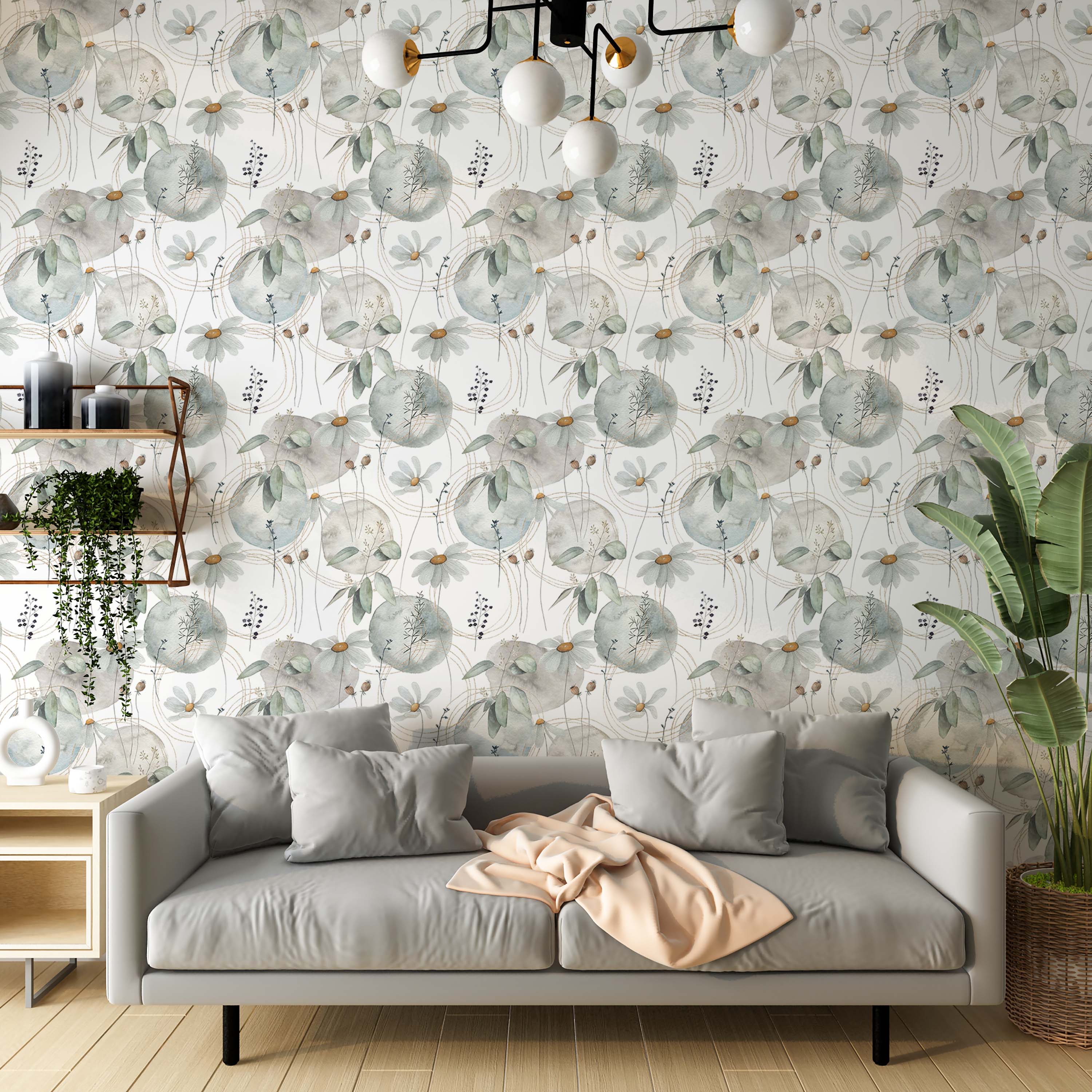 Watercolor wallpaper with a pattern of daisies, leaves, and abstract circles in muted green and gray hues, with subtle gold details.