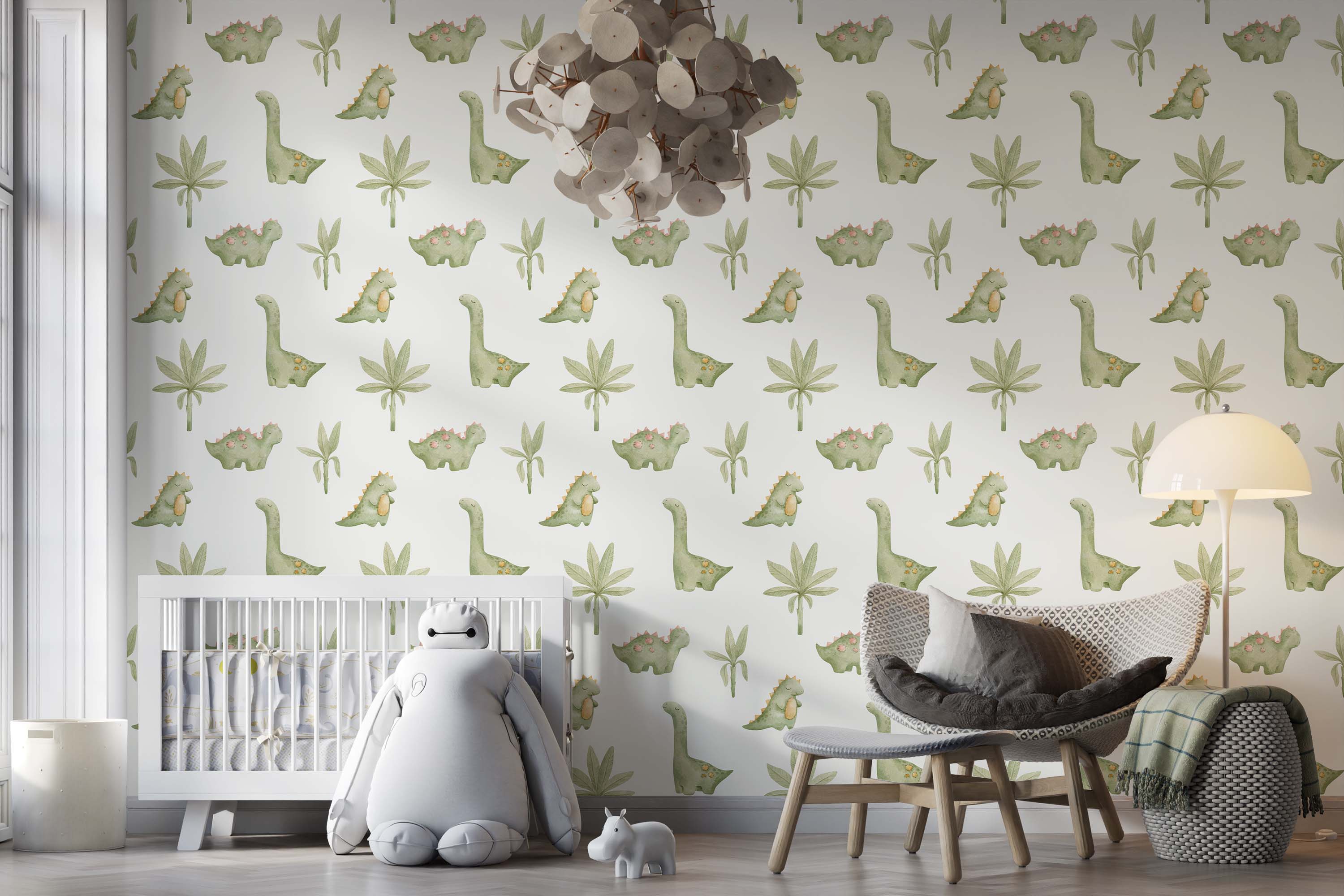 Light-colored wallpaper with a repeating watercolor pattern of various green dinosaurs and tropical leaves.