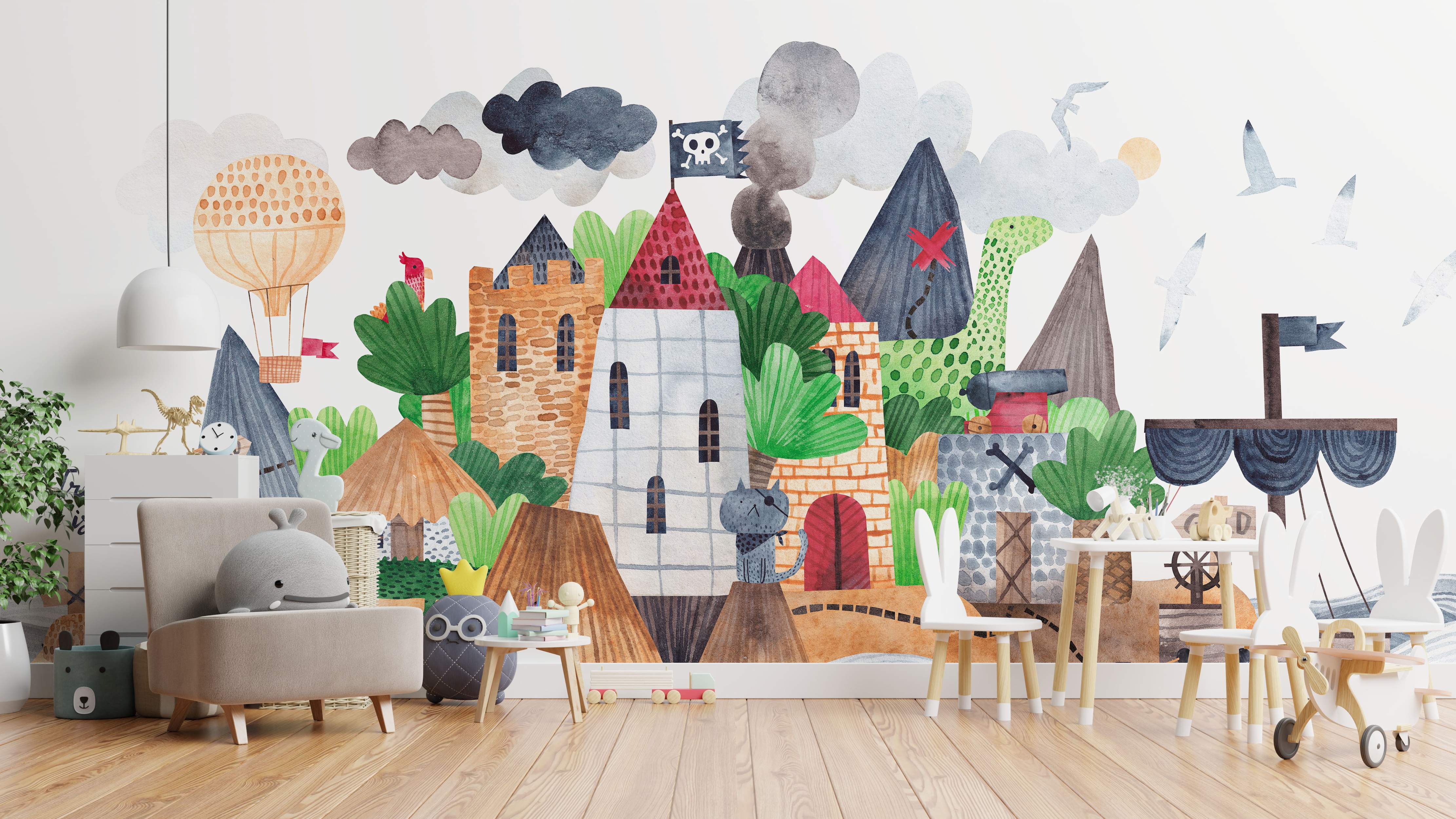 Watercolor fantasy adventure mural featuring castles, a pirate flag, dragon, mountains, and hot air balloon in soft, painterly style.