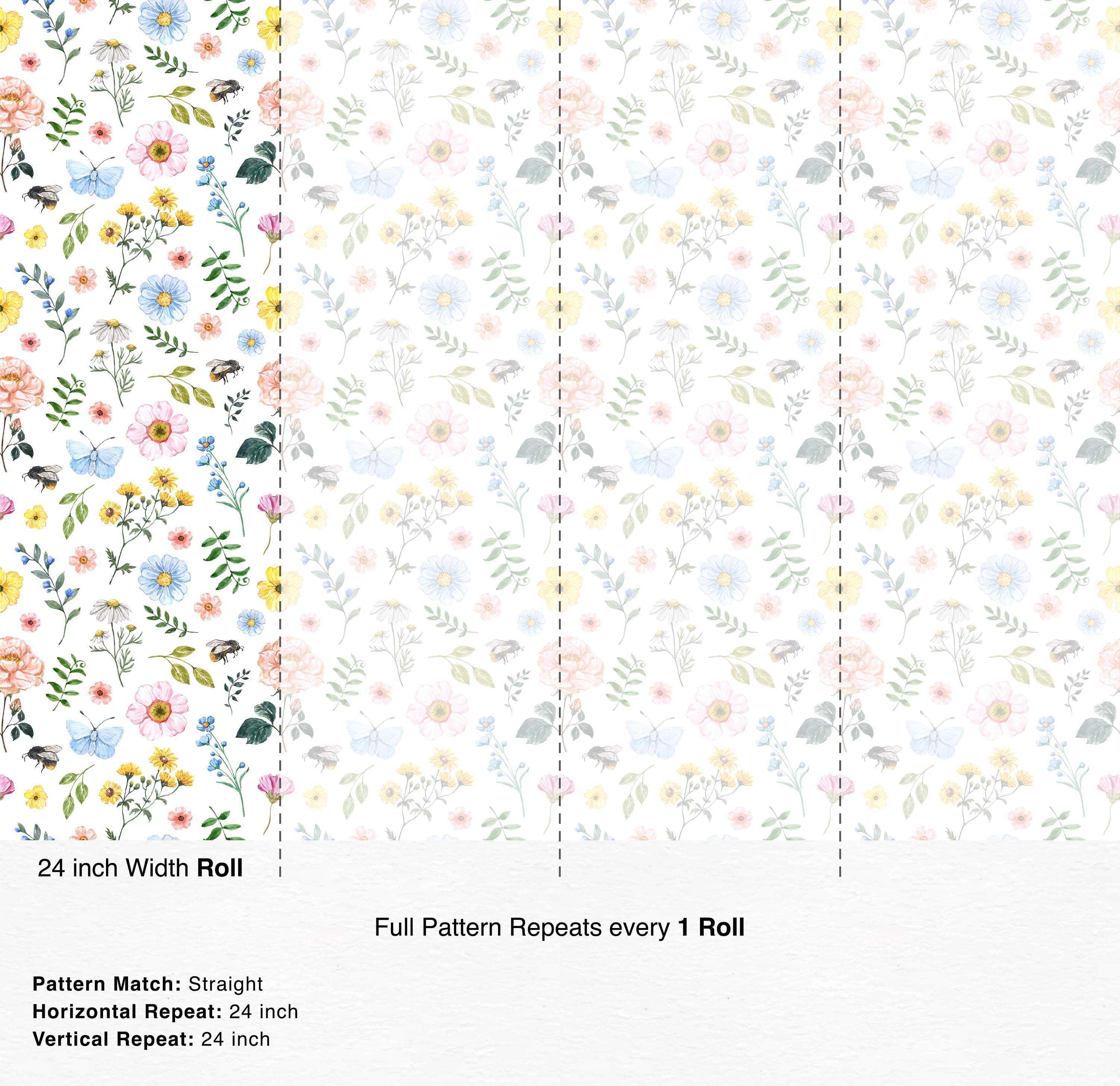 Watercolor floral wallpaper with pink, blue, yellow, and white flowers, green leaves, butterflies, and bees scattered on white.