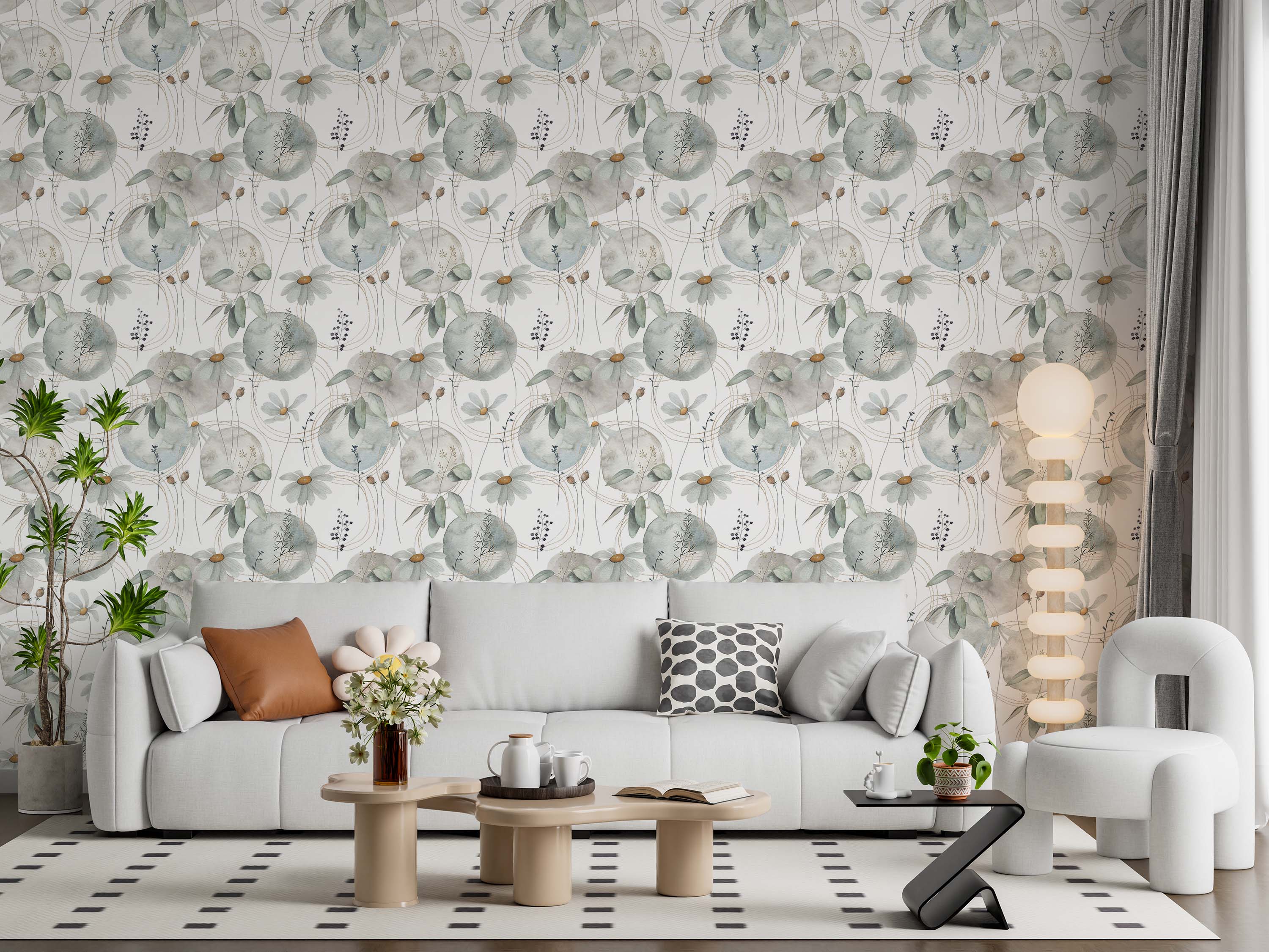 Watercolor wallpaper with a delicate pattern of daisies, abstract circles, and fine gold lines in muted blue, gray, and green.