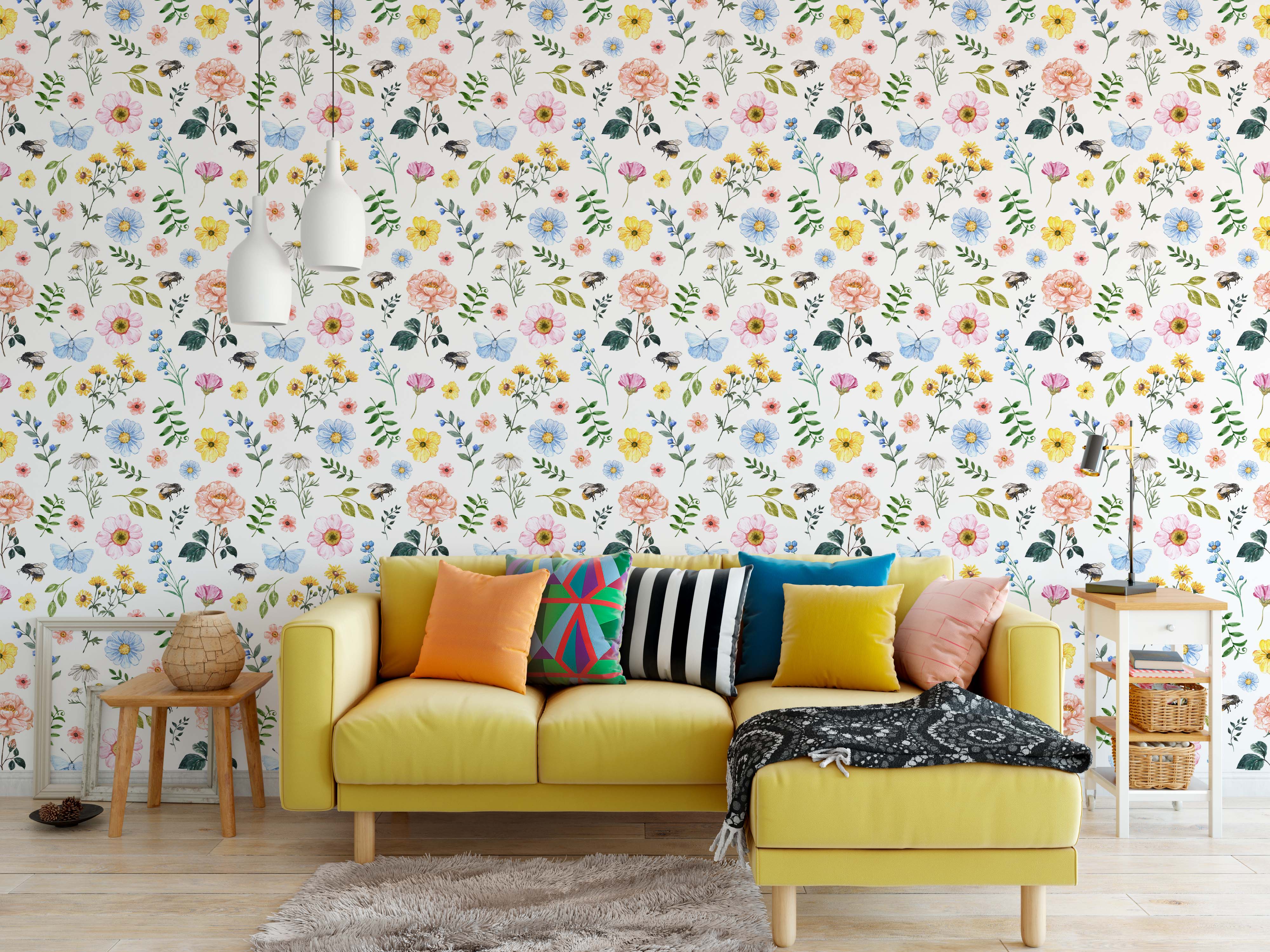 Watercolor wallpaper with a repeating pattern of pink, blue, and yellow flowers, butterflies, and bees on a white background.