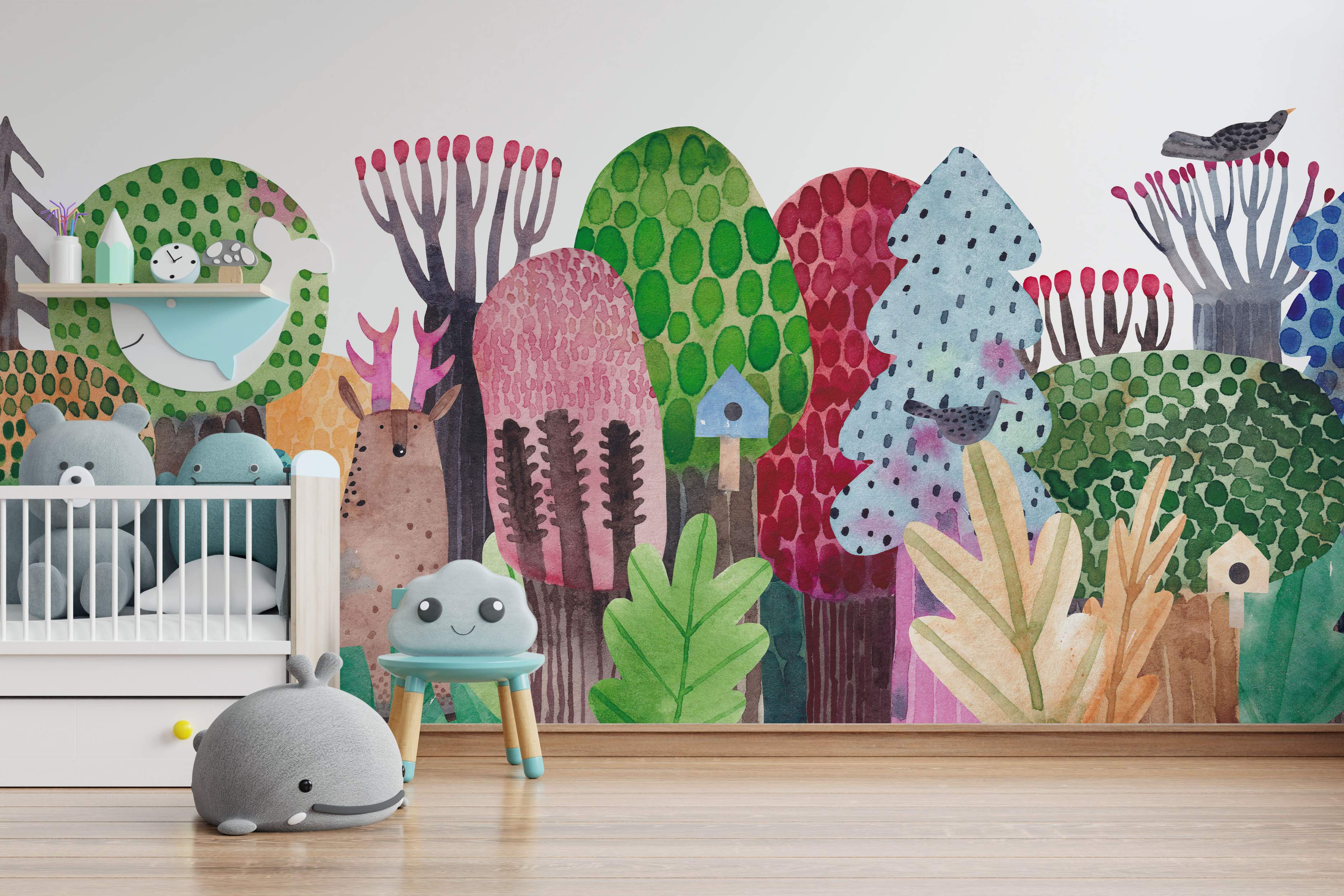 A whimsical watercolor mural depicting a colorful forest scene with stylized trees, plants, birds, a deer, and birdhouses.