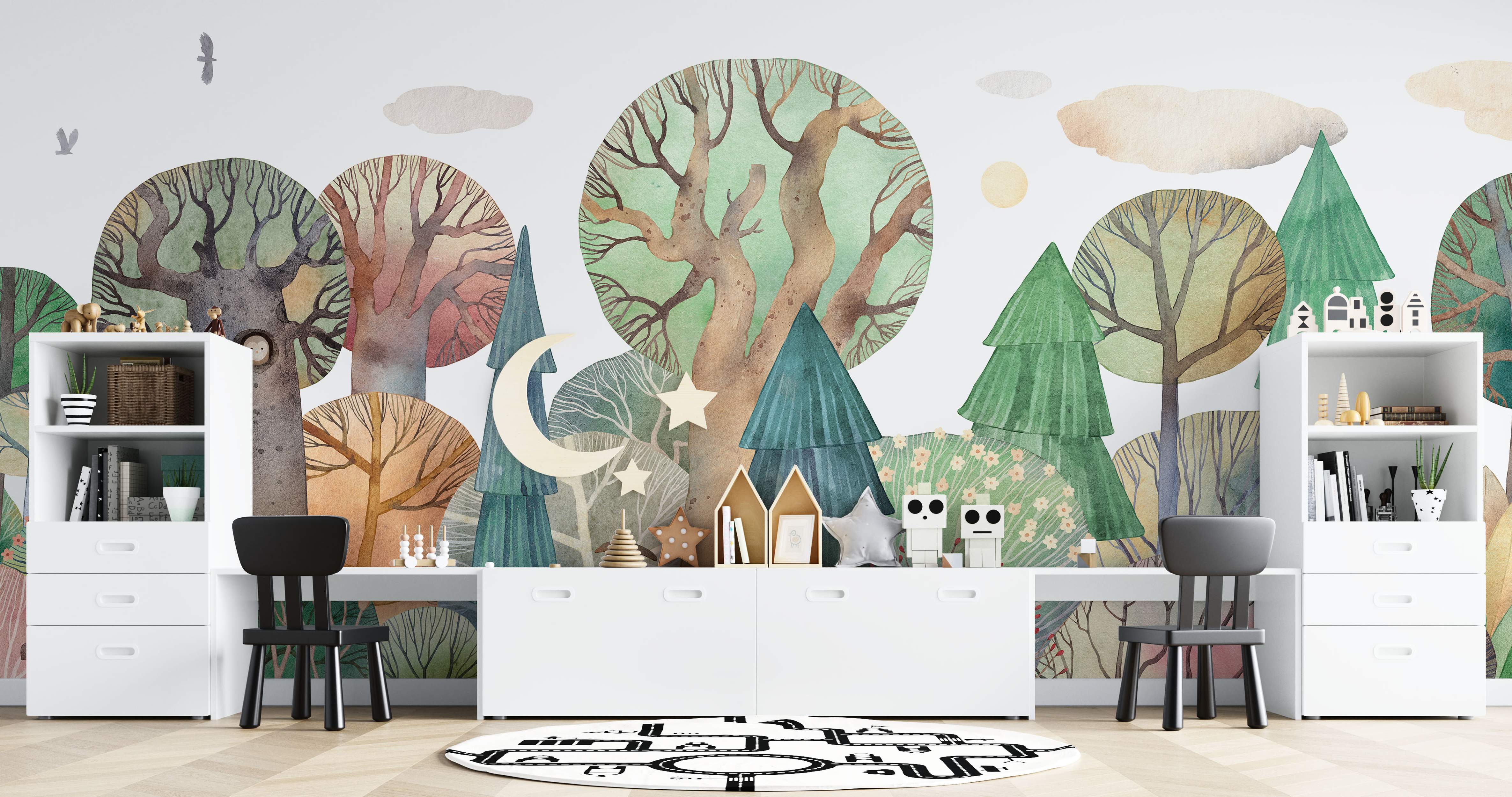 Watercolor mural of a whimsical forest scene with stylized green and brown trees, clouds, birds, sun, moon, and stars.
