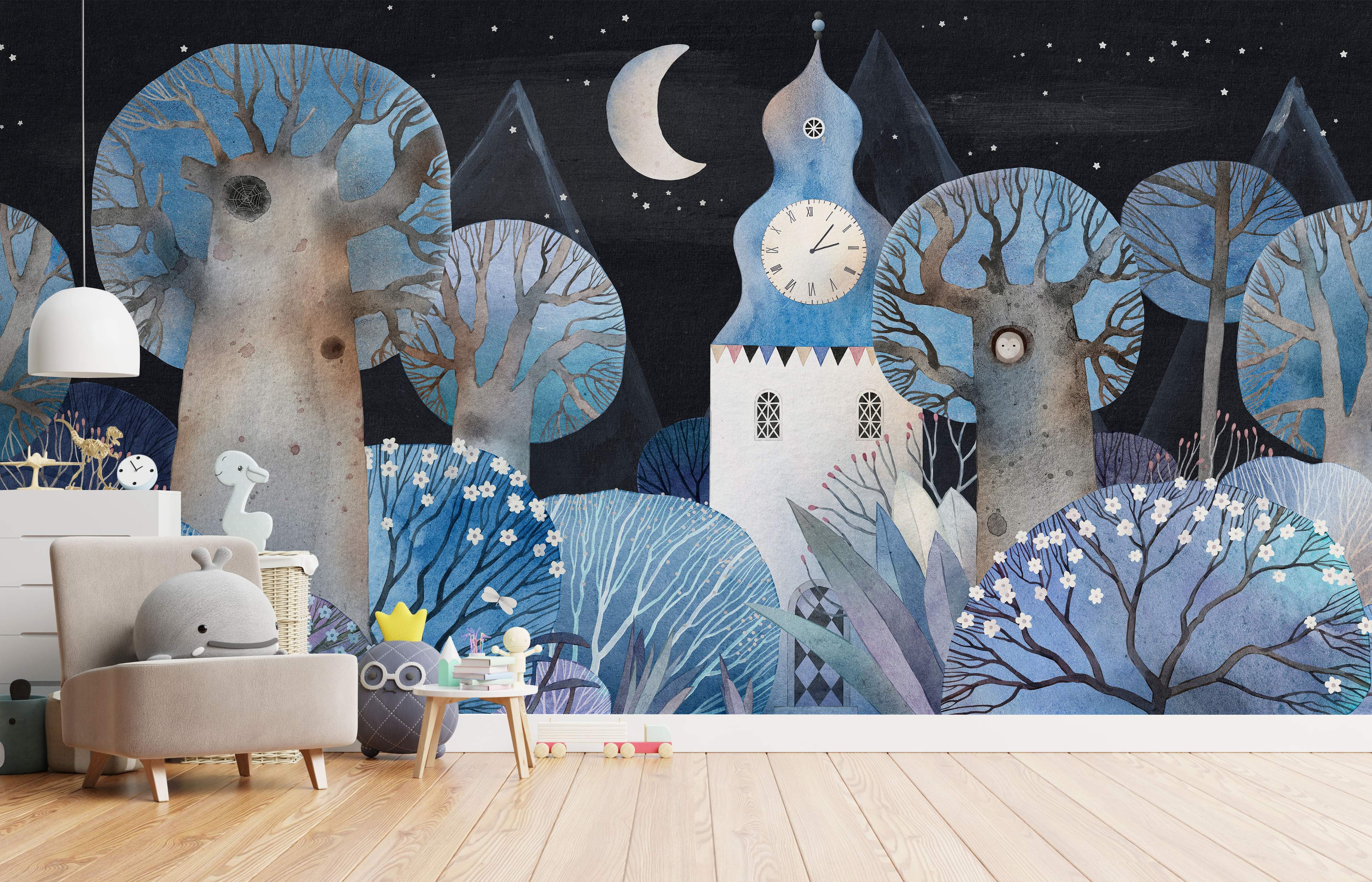 Whimsical watercolor mural depicting a nighttime forest with large trees, a clock tower, moon, and stars in blue and black hues.