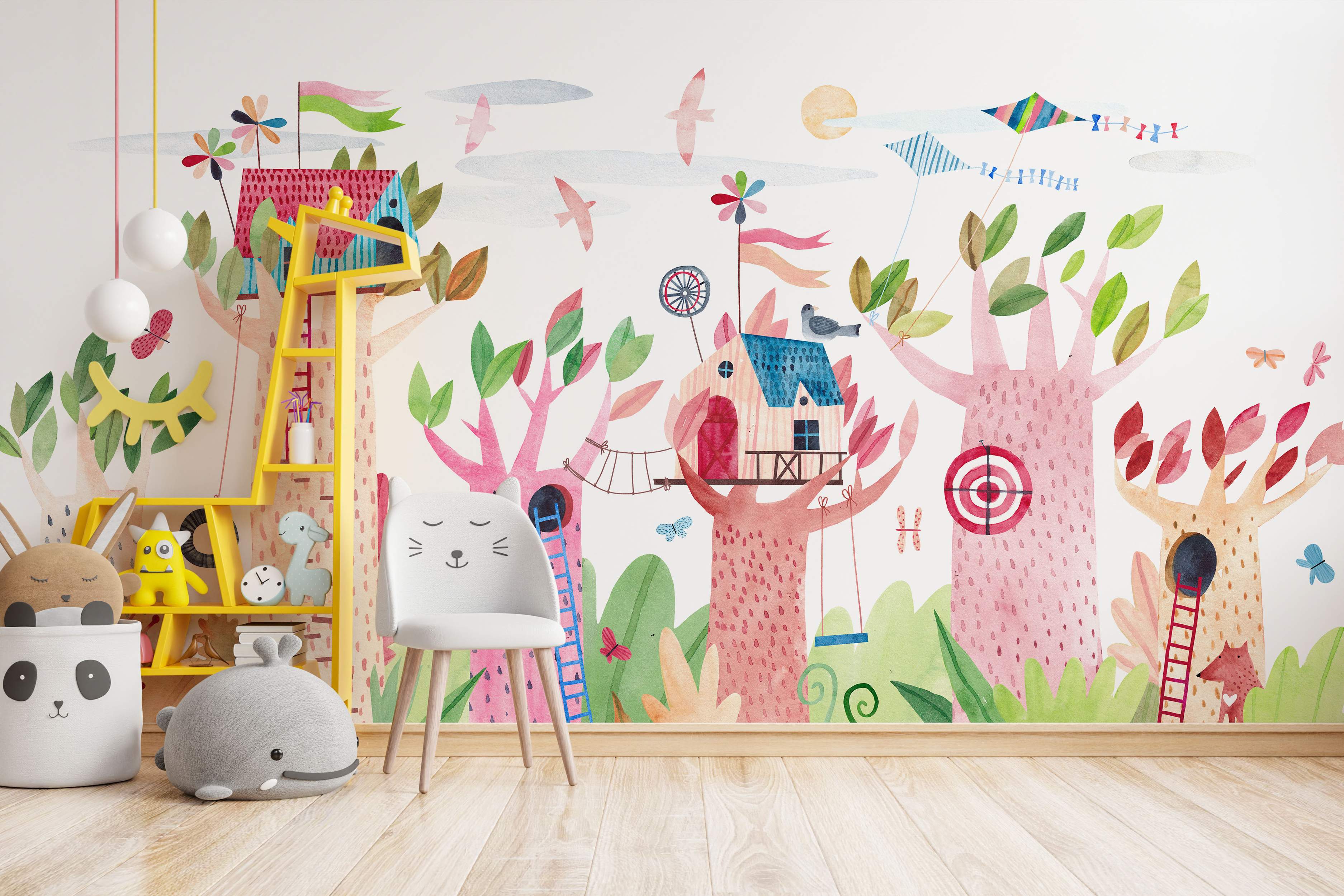 Whimsical watercolor forest mural with pink trees, colorful treehouses, birds, kites, and butterflies on a white background.