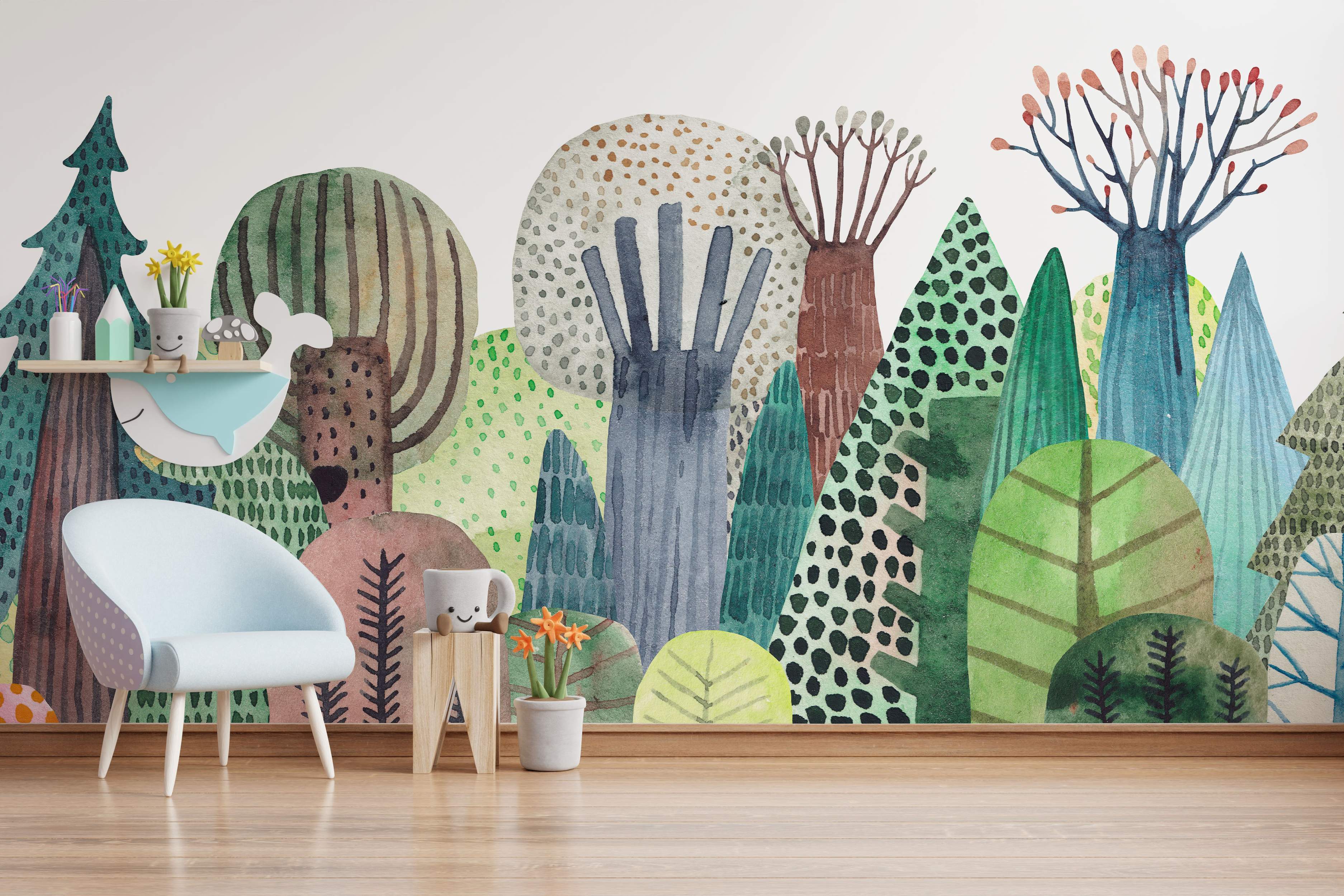 Whimsical watercolor mural of a stylized forest with abstract trees in green, blue, brown, and grey hues with dotted and striped patterns.