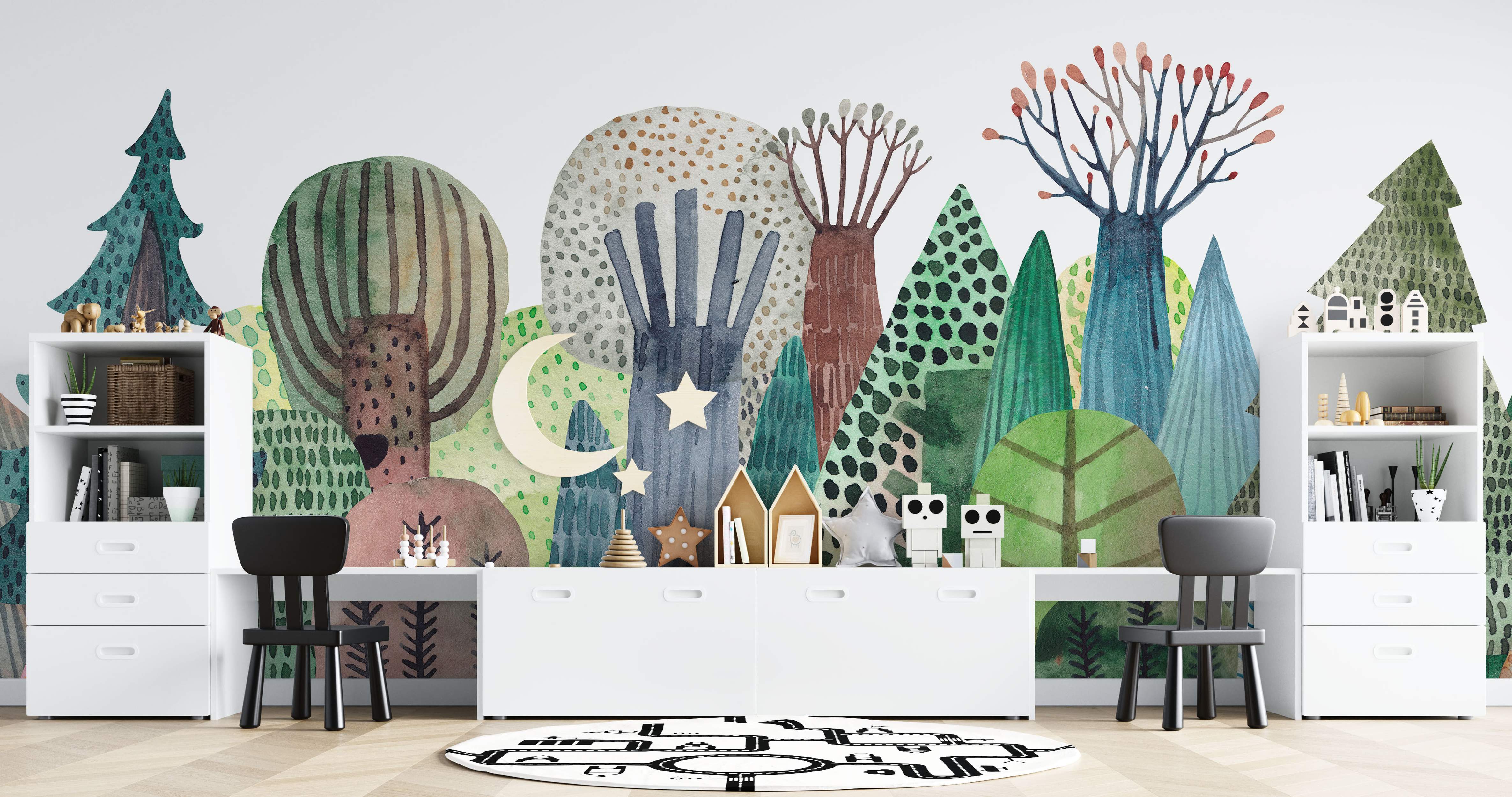 Whimsical watercolor forest mural with stylized trees, moon, and stars in shades of green, blue, brown, and grey.