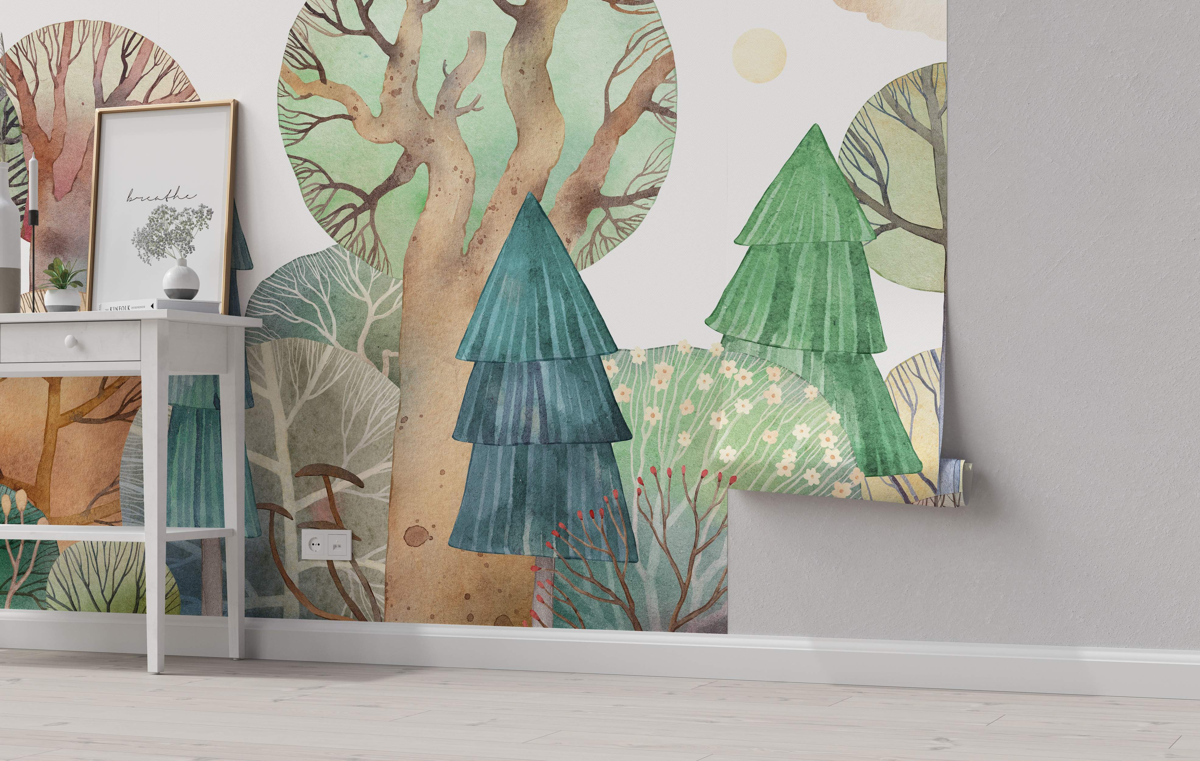 Watercolor forest mural featuring stylized trees in green, blue-green, and brown, with bushes and a pale sun on a light background.