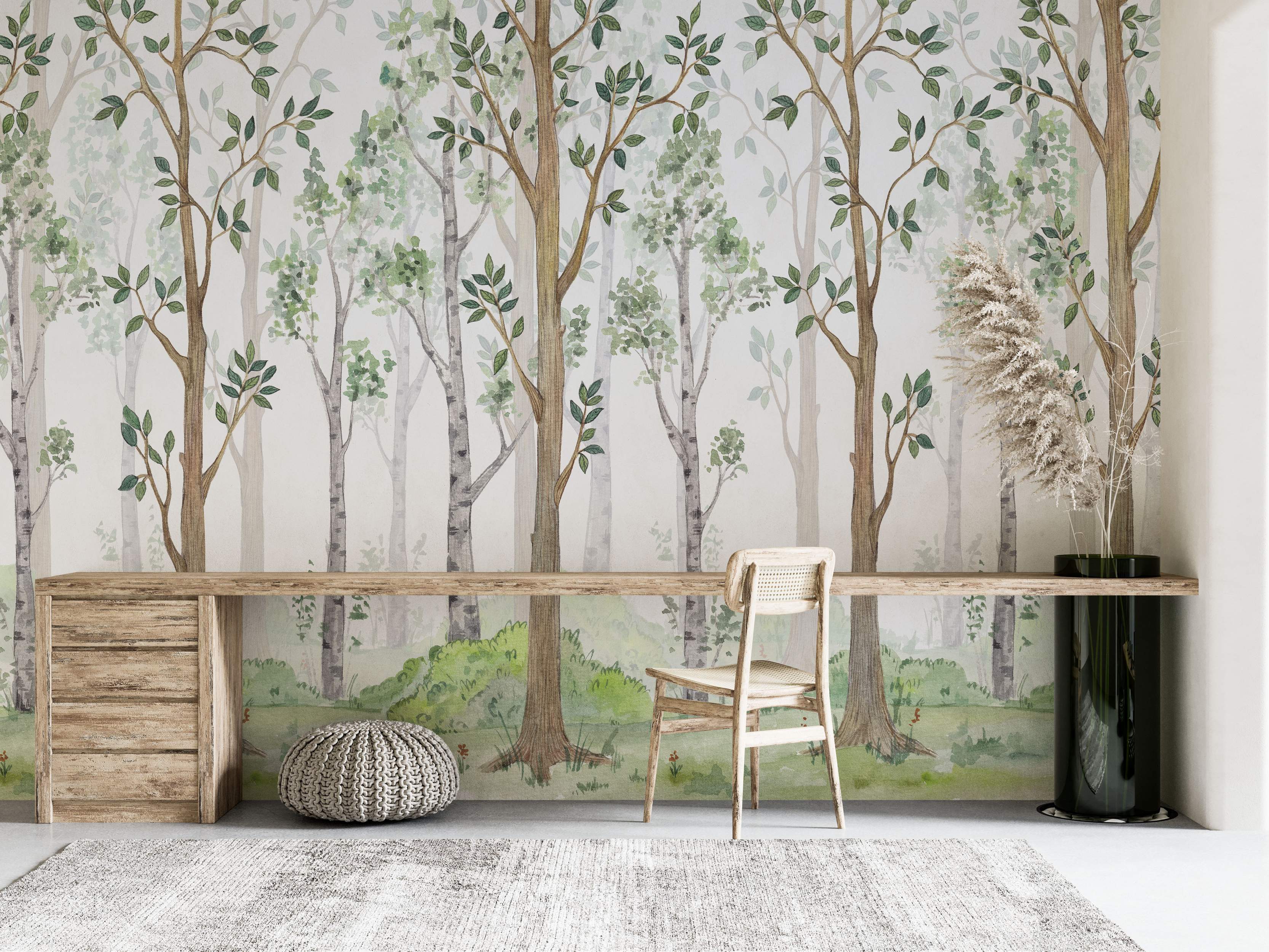 Watercolor forest mural depicting layered green and brown trees against a light, neutral background.