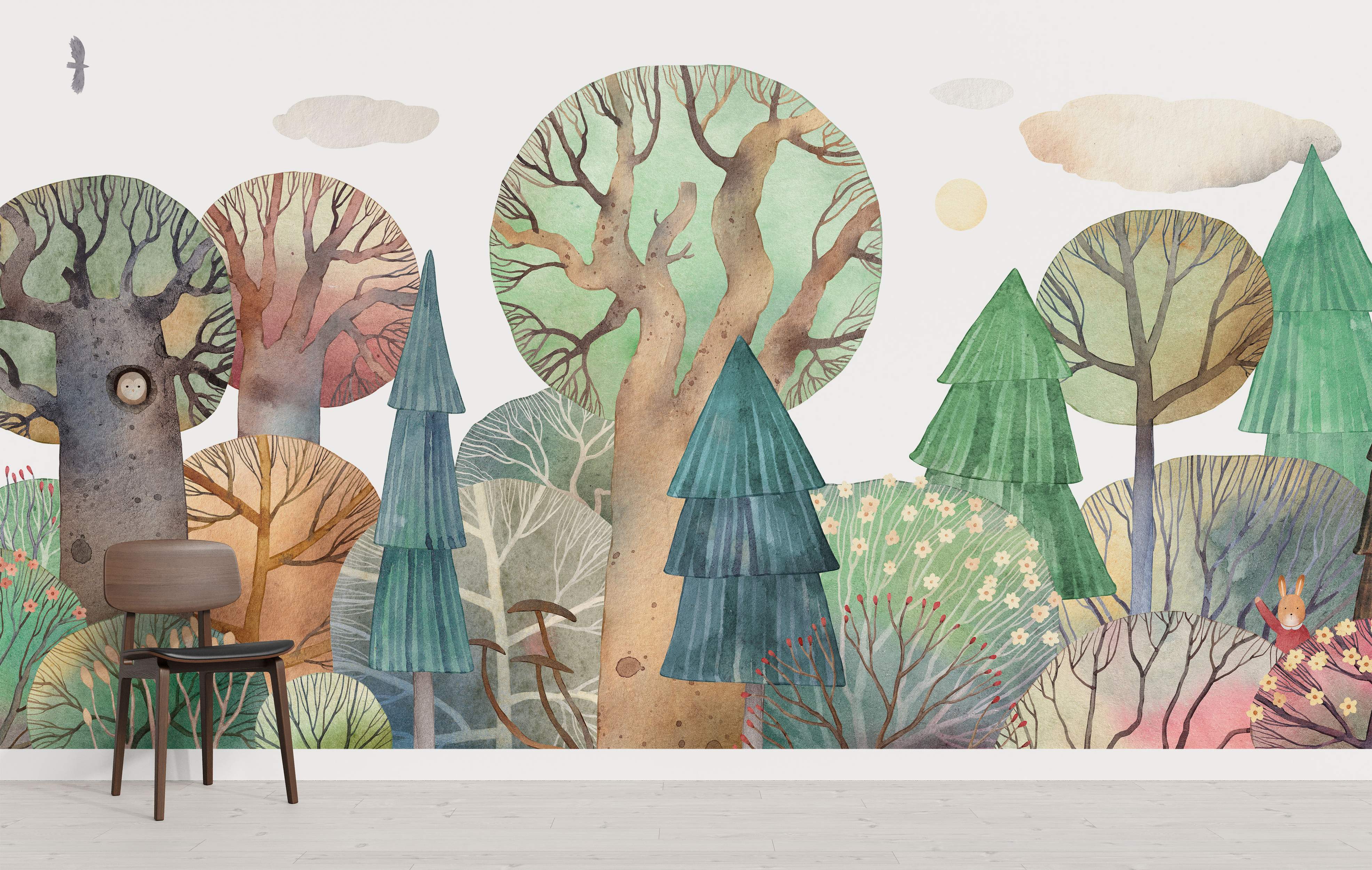 Watercolor forest mural with stylized trees in green, brown, and blue hues, featuring an owl, squirrel, and bird.