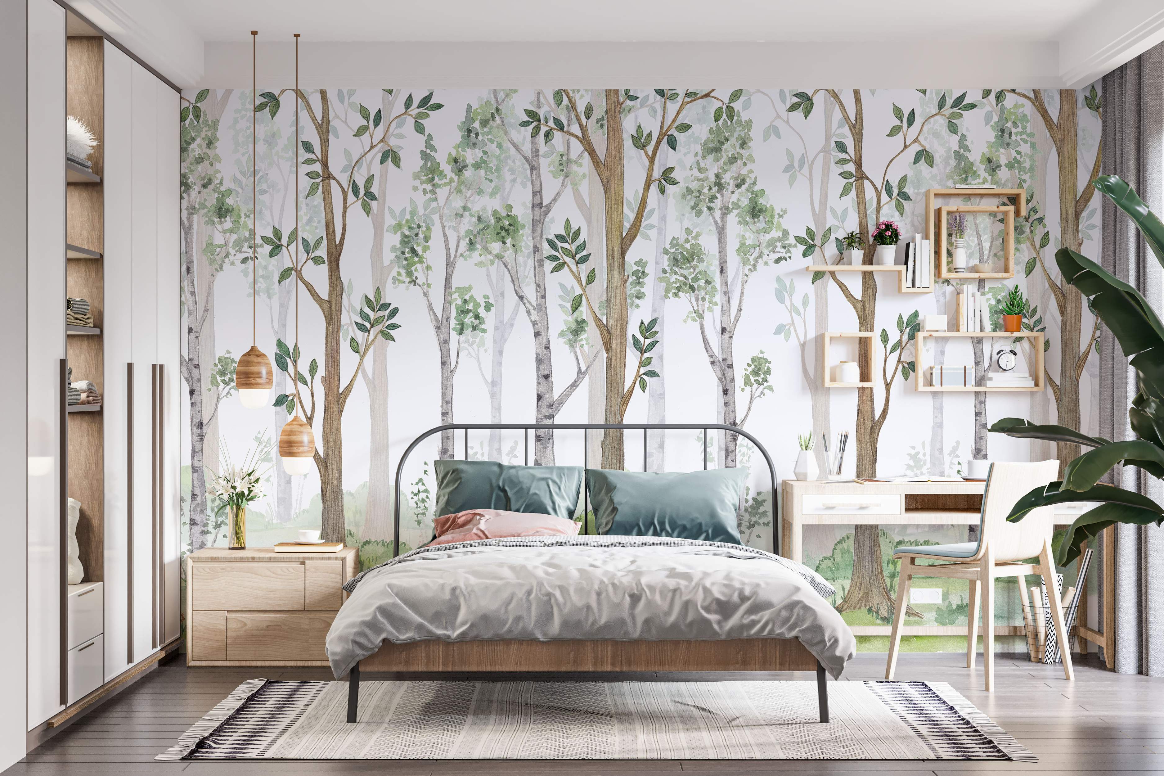 Mural featuring a watercolor forest scene with green and brown trees, including birch, on a light backdrop.