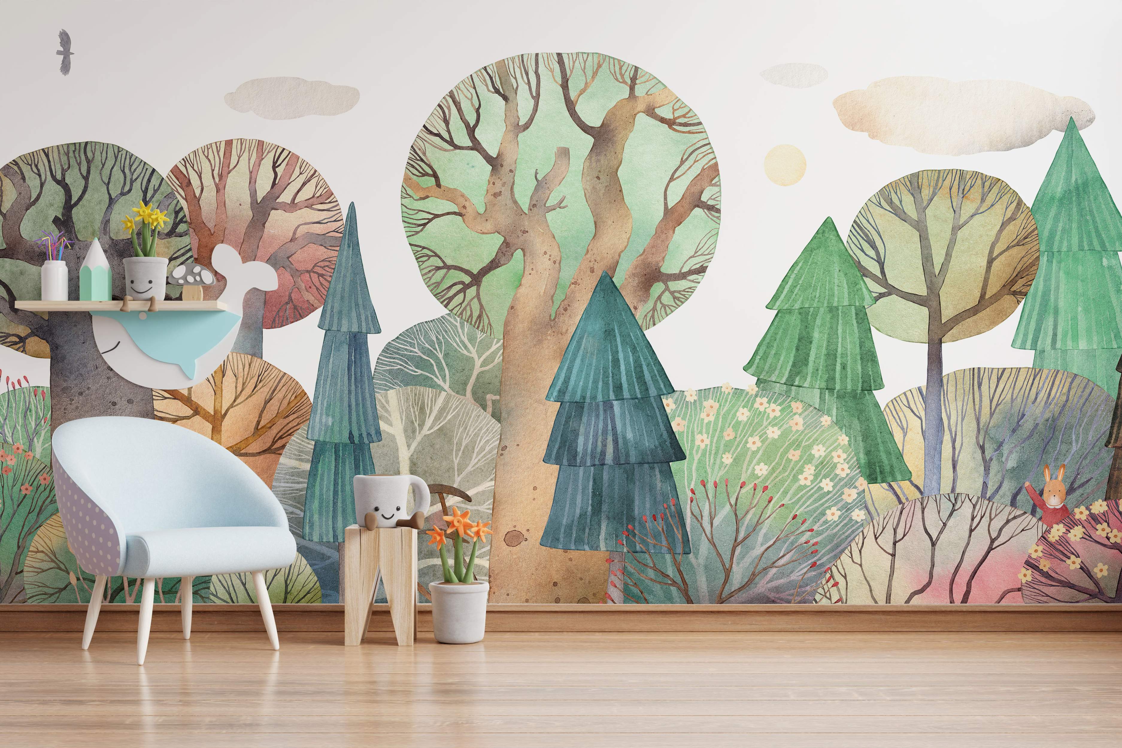 Watercolor mural of a whimsical forest scene with stylized trees, bushes, clouds, and a sun in muted greens, browns, and blues.