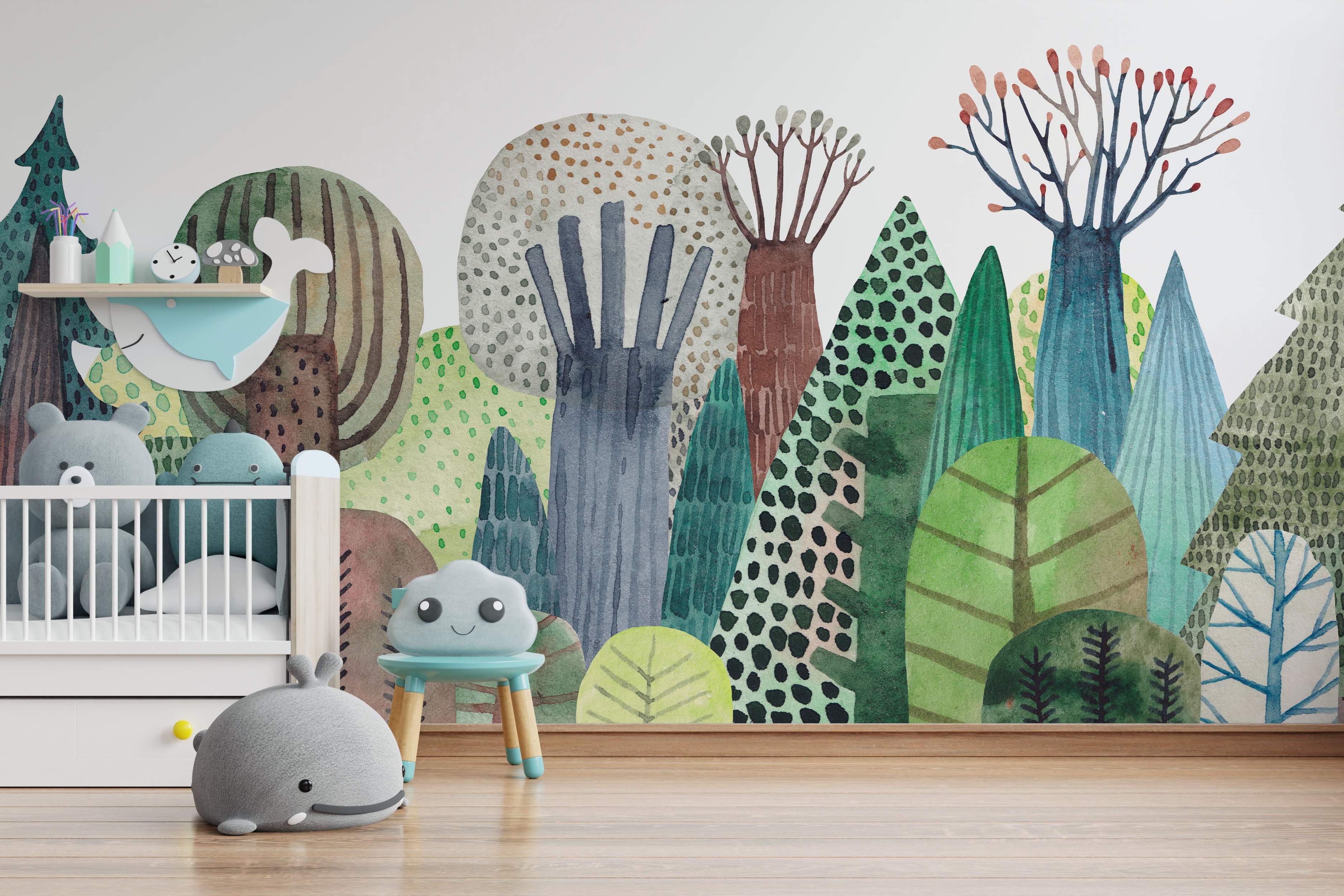 Whimsical watercolor mural depicting a stylized forest with various trees in muted green, blue, brown, and gray tones.