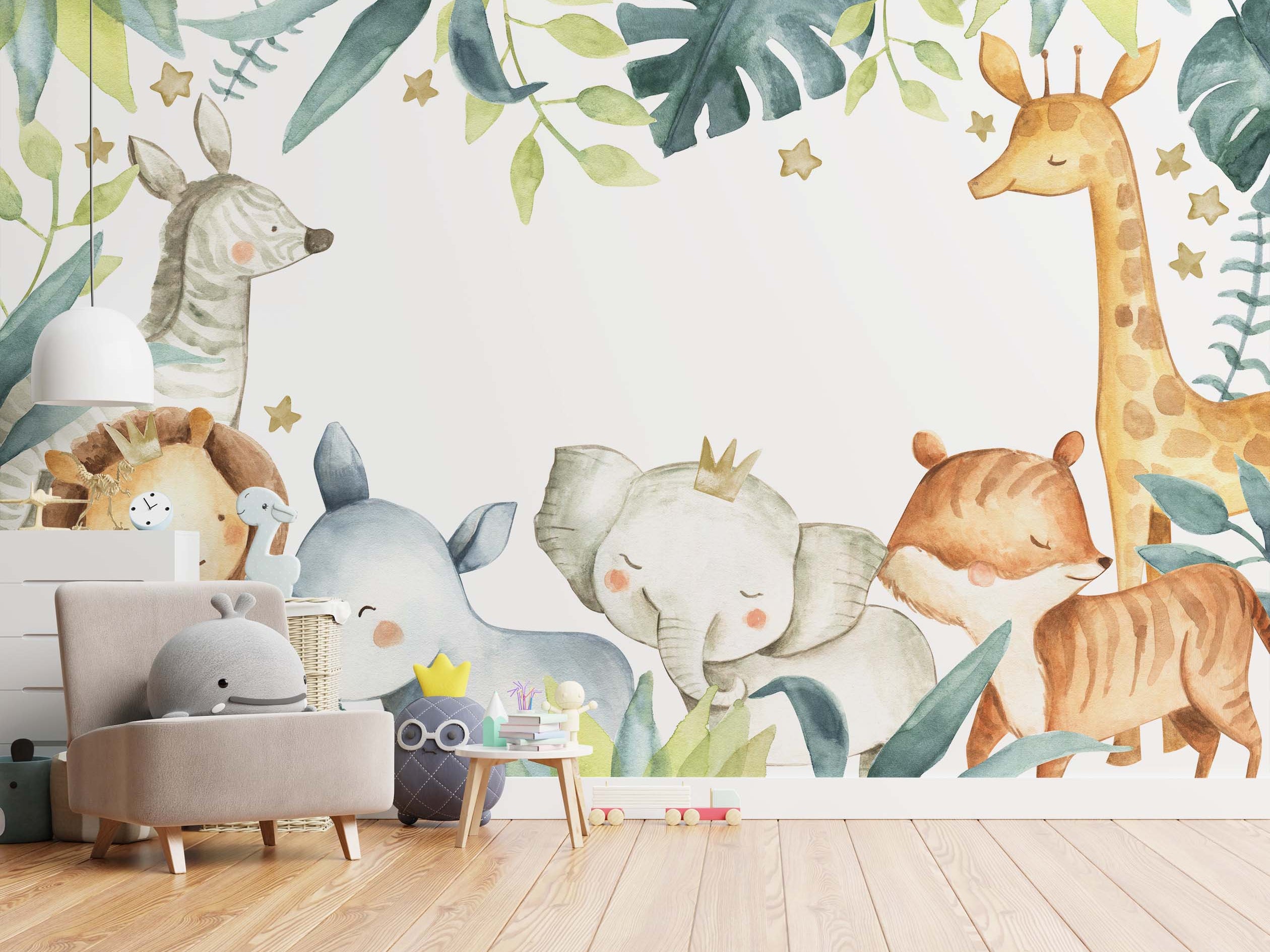 Watercolor mural of cute safari animals: lion, zebra, giraffe, rhino, elephant, tiger, with green leaves and gold stars on white.