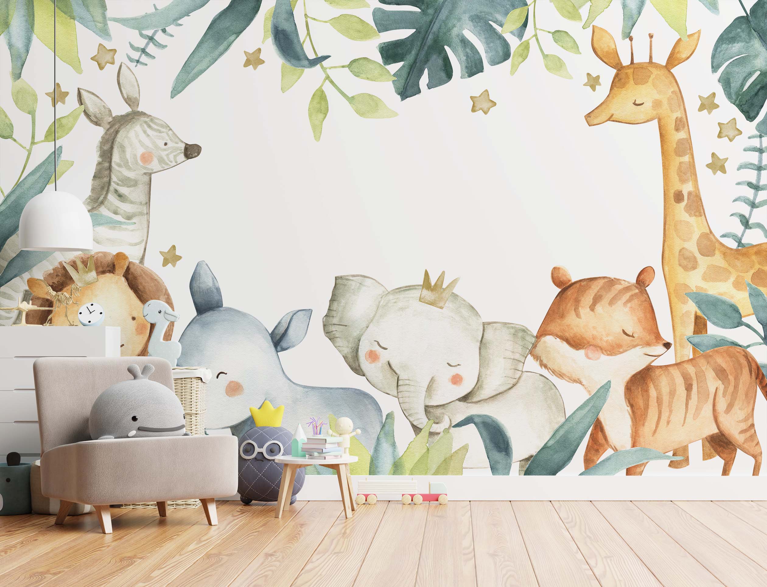 Watercolor mural of cute safari animals: lion, zebra, giraffe, rhino, elephant, tiger, with green leaves and gold stars on white.