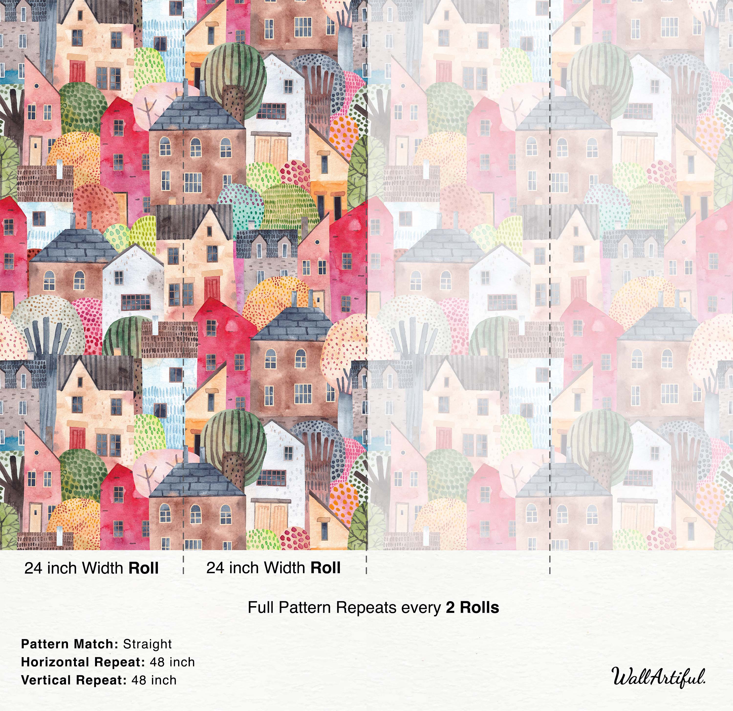 Watercolor wallpaper depicting a charming village scene with colorful, tightly packed houses and stylized trees in various hues.