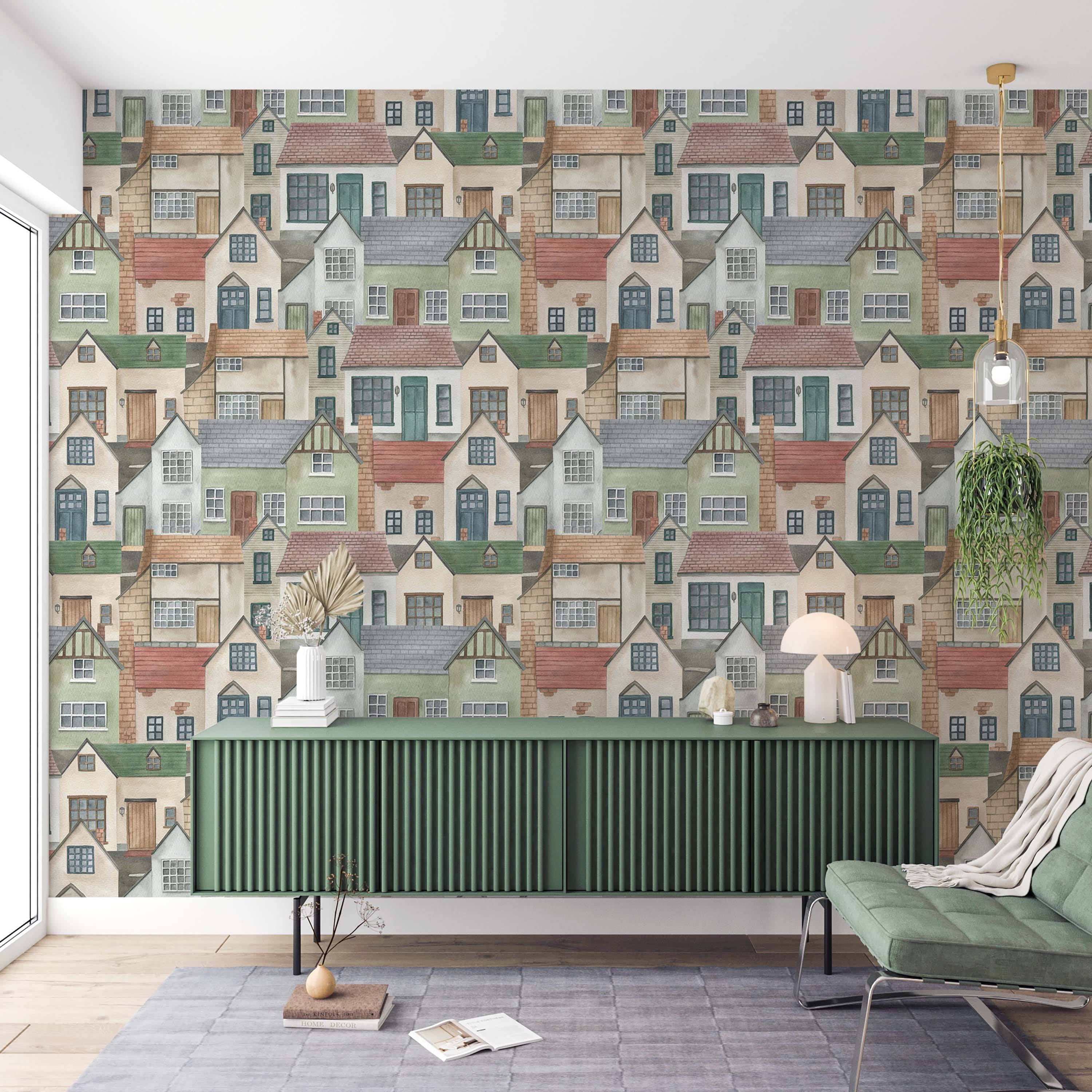 Illustrative wallpaper featuring a dense pattern of cottages in muted watercolor tones of green, beige, gray, and red.