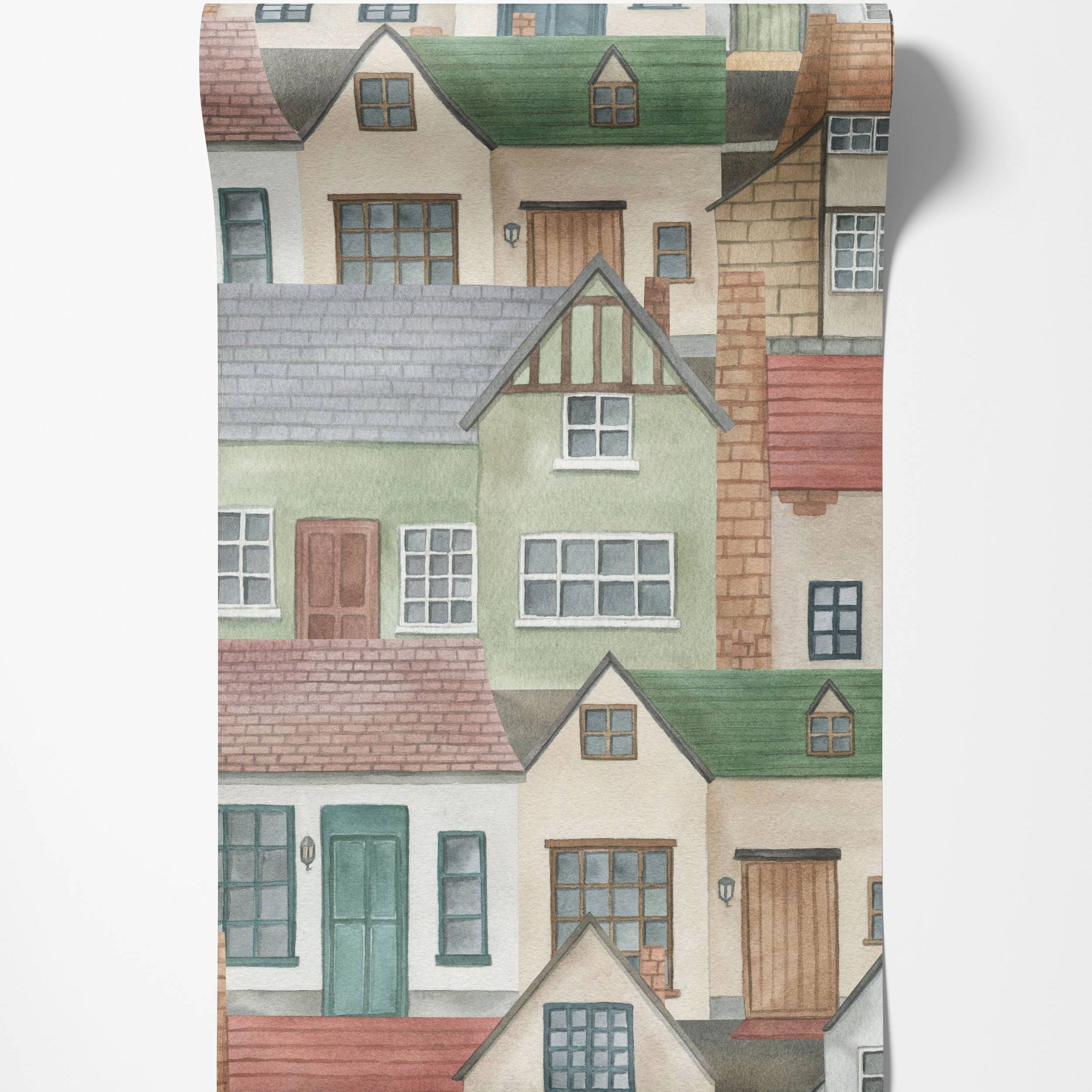 Watercolor wallpaper depicting a dense pattern of quaint houses in muted greens, browns, grays, and creams.