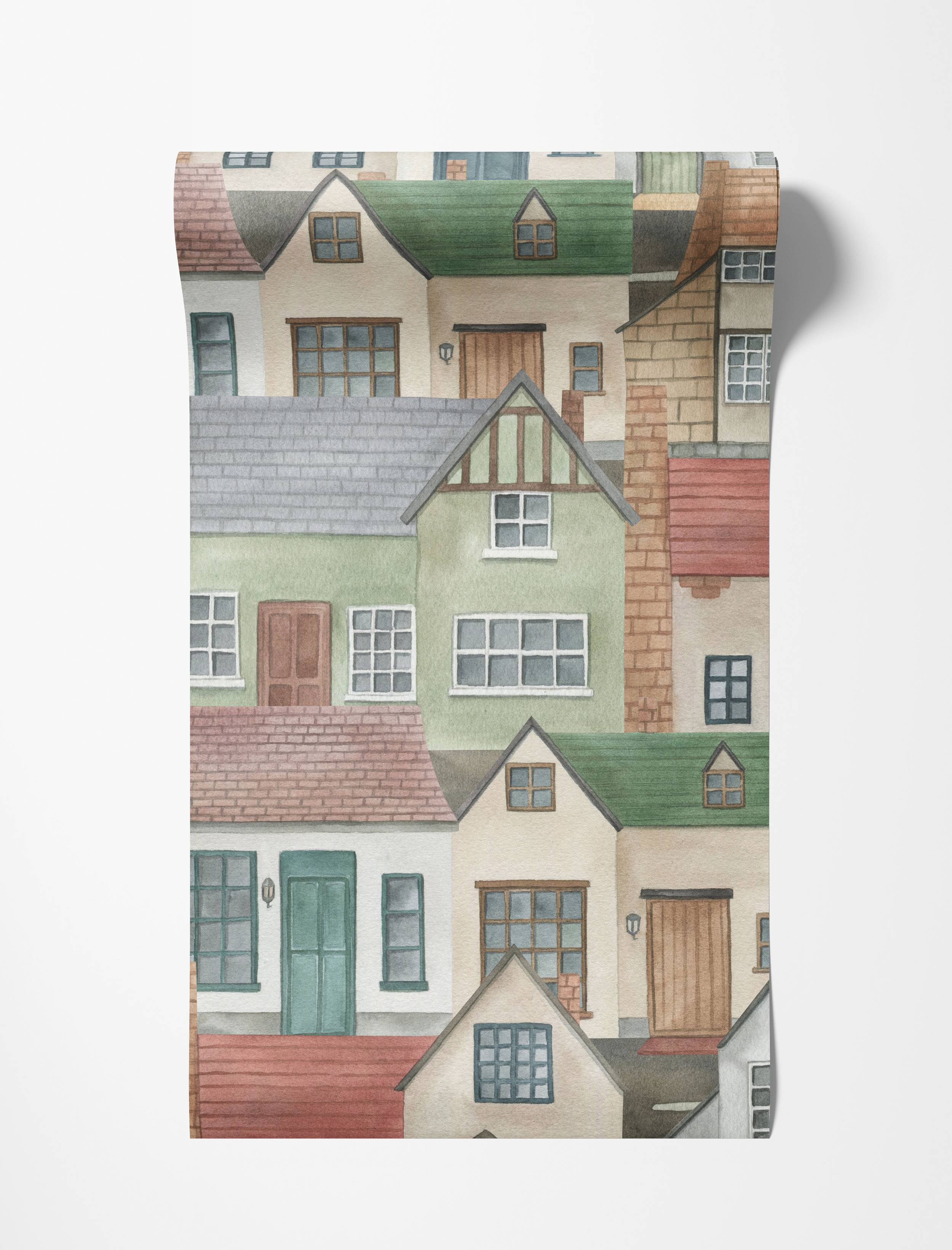 Watercolor wallpaper depicting a dense pattern of quaint houses in muted greens, browns, grays, and creams.