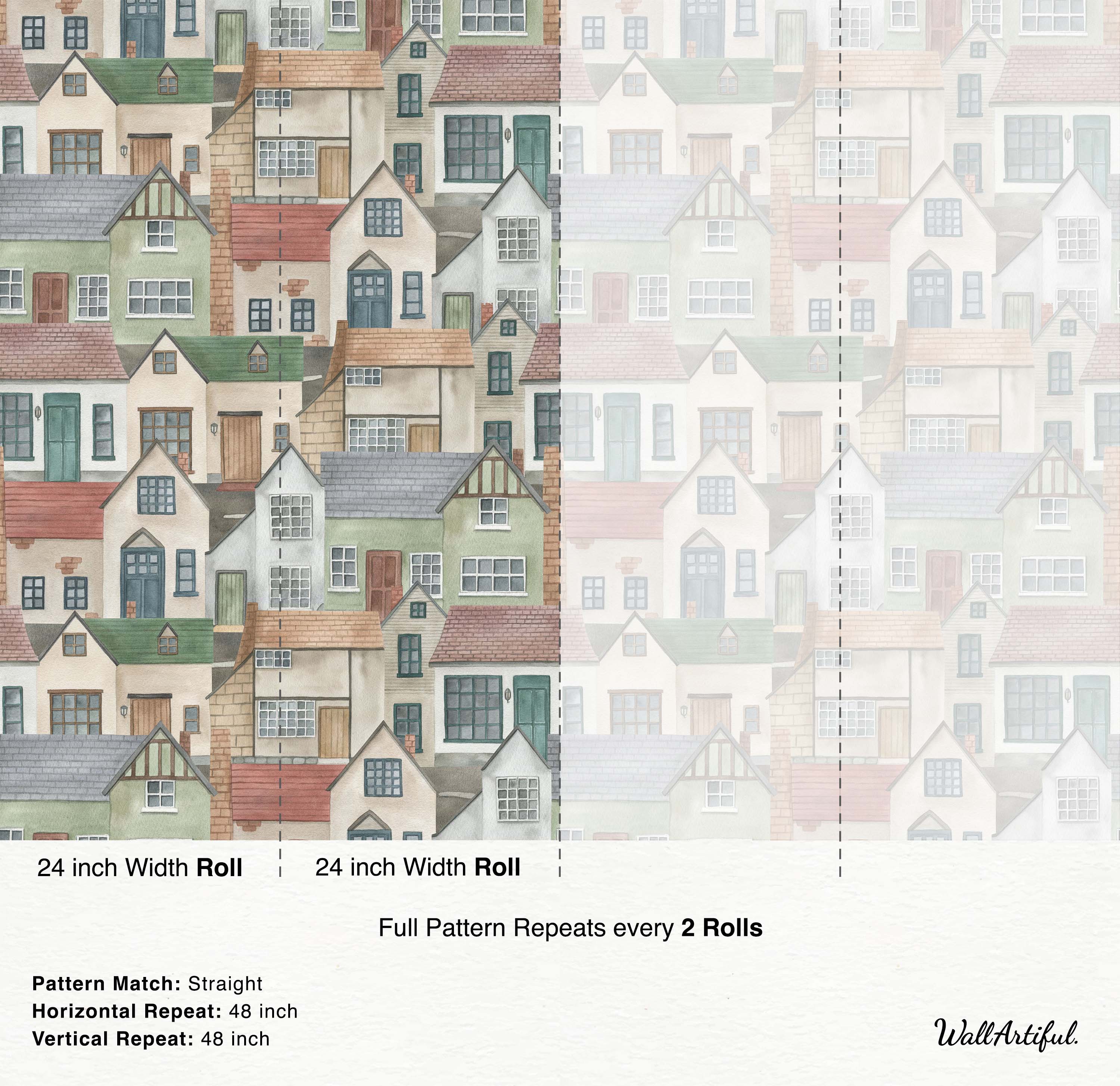 Watercolor wallpaper featuring a dense pattern of overlapping houses in muted green, beige, brown, and gray tones.
