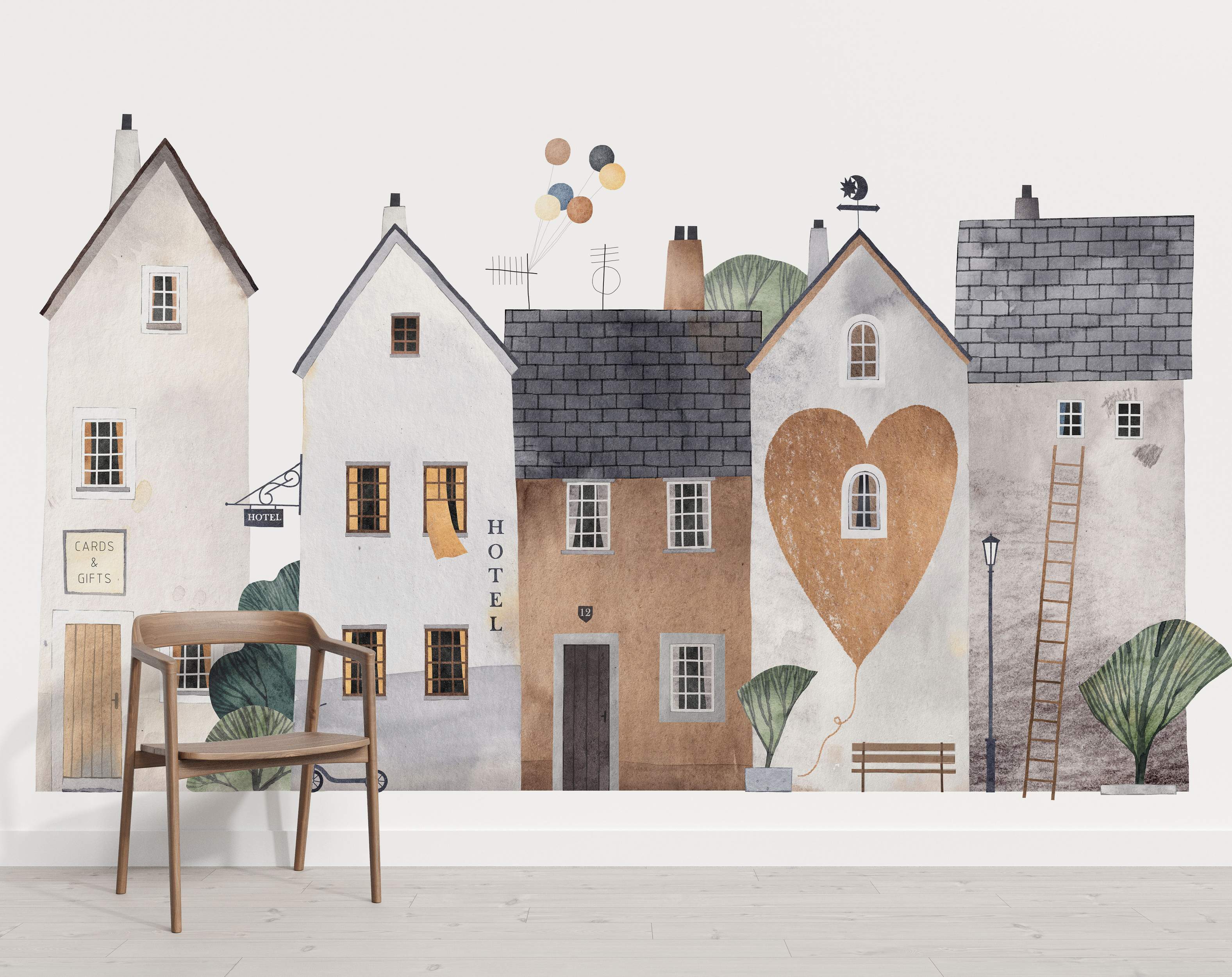 Watercolor mural depicting a charming street scene with stylized houses in neutral, brown, and gray tones, featuring a heart motif.