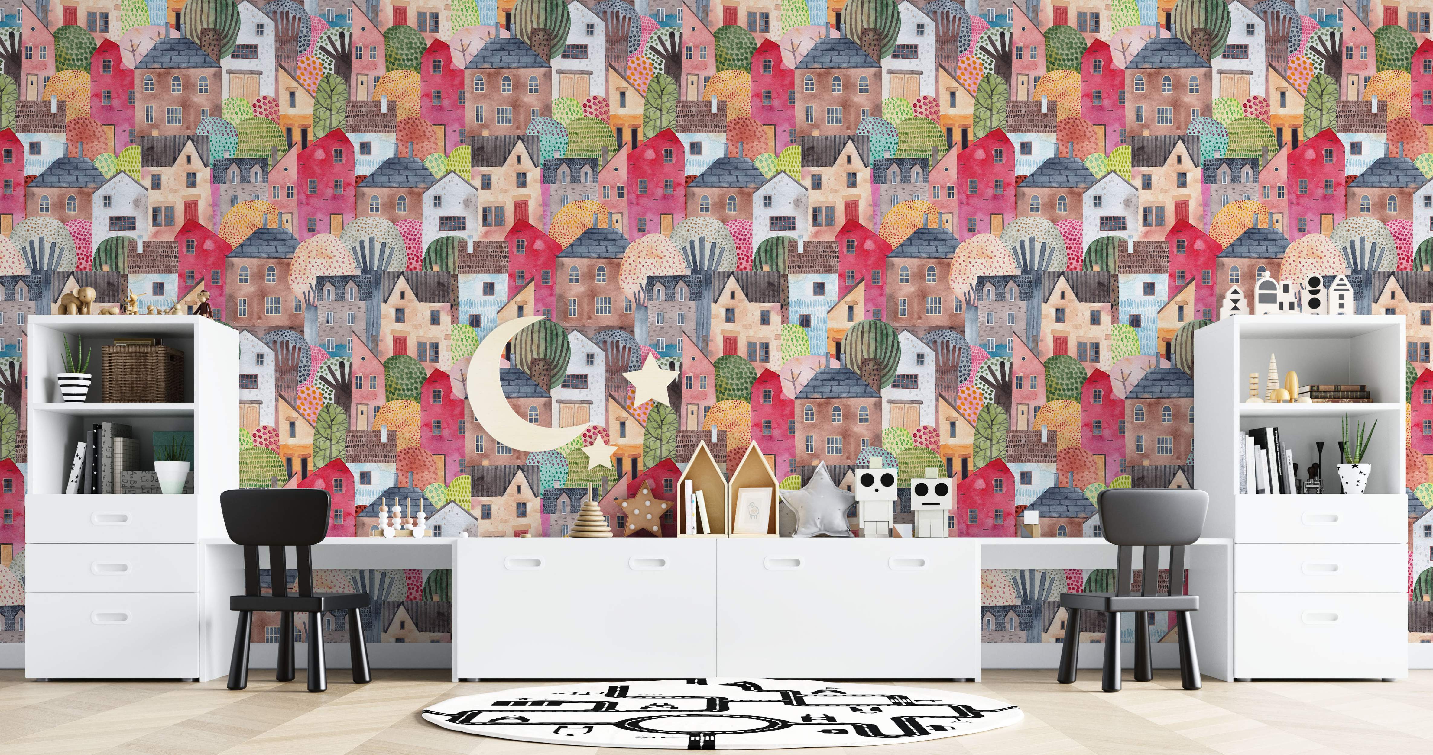 Watercolor wallpaper featuring a dense pattern of colorful, stylized houses and trees in red, blue, brown, green, and beige tones.