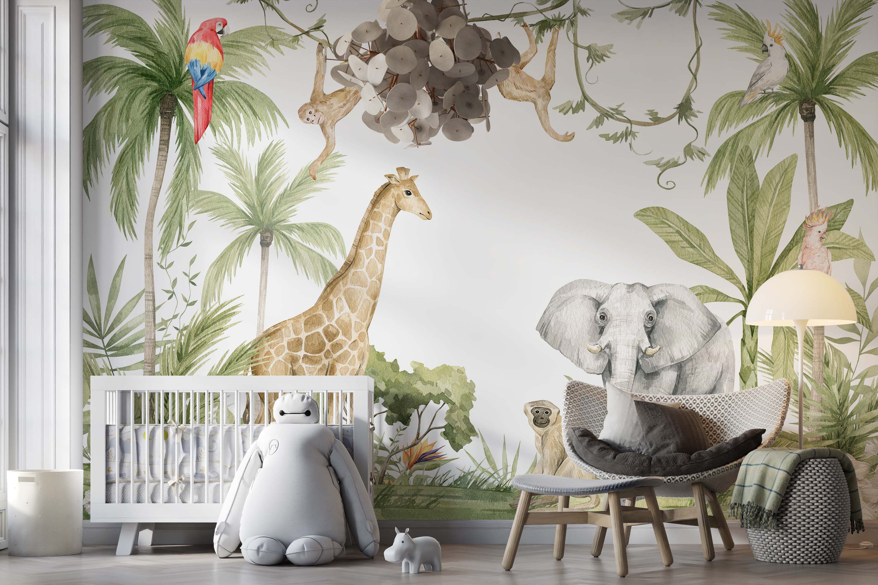 Watercolor mural of a gentle jungle scene with a giraffe, elephant, monkeys, and parrots among palm trees and lush green foliage.