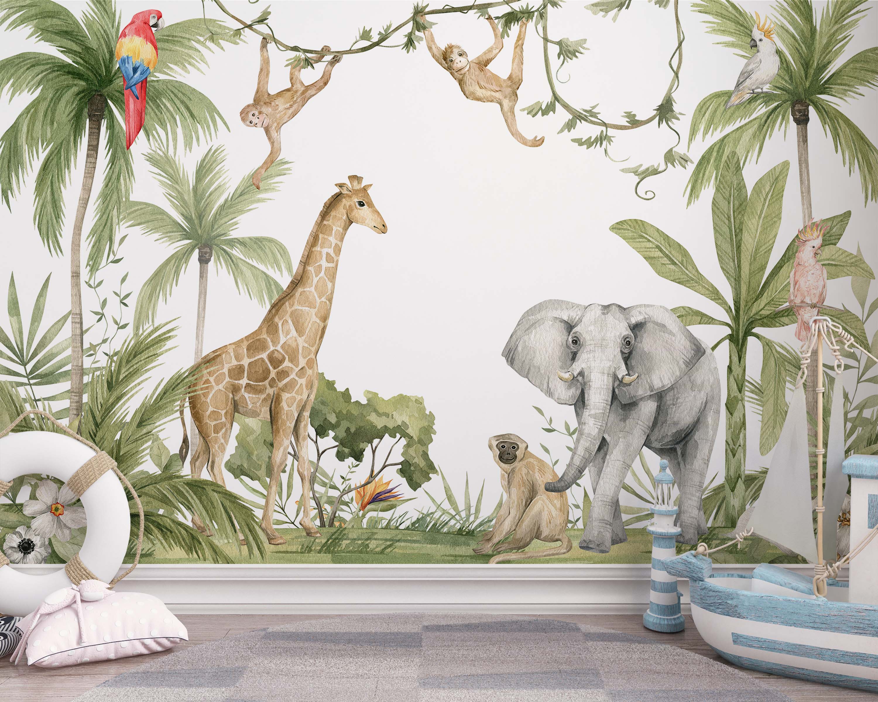 A watercolor mural depicting a vibrant jungle scene with a giraffe, elephant, monkeys, and parrots set among green palm trees.