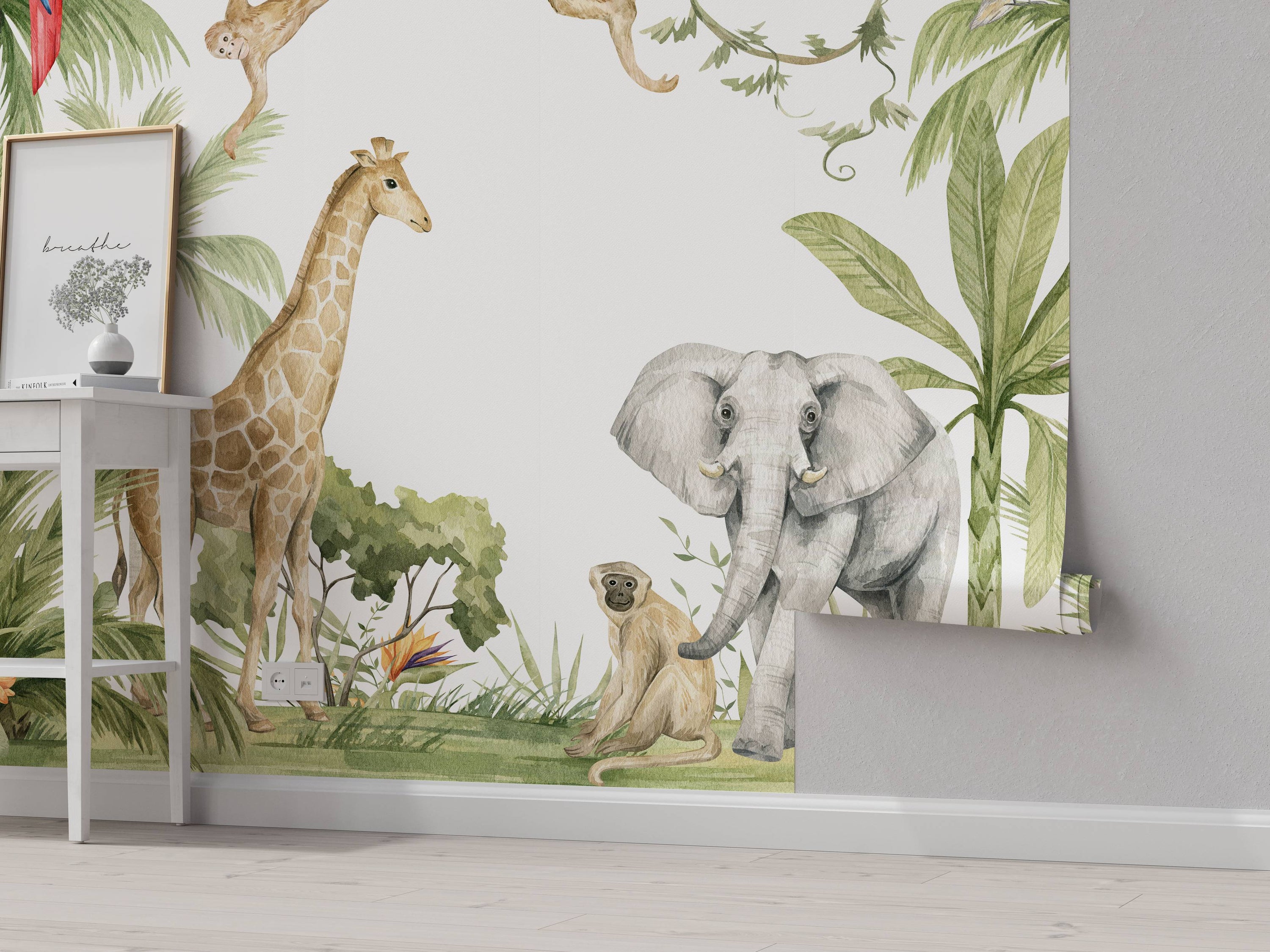 Watercolor mural of a jungle scene featuring a giraffe, elephant, and monkey amidst green tropical plants and foliage.